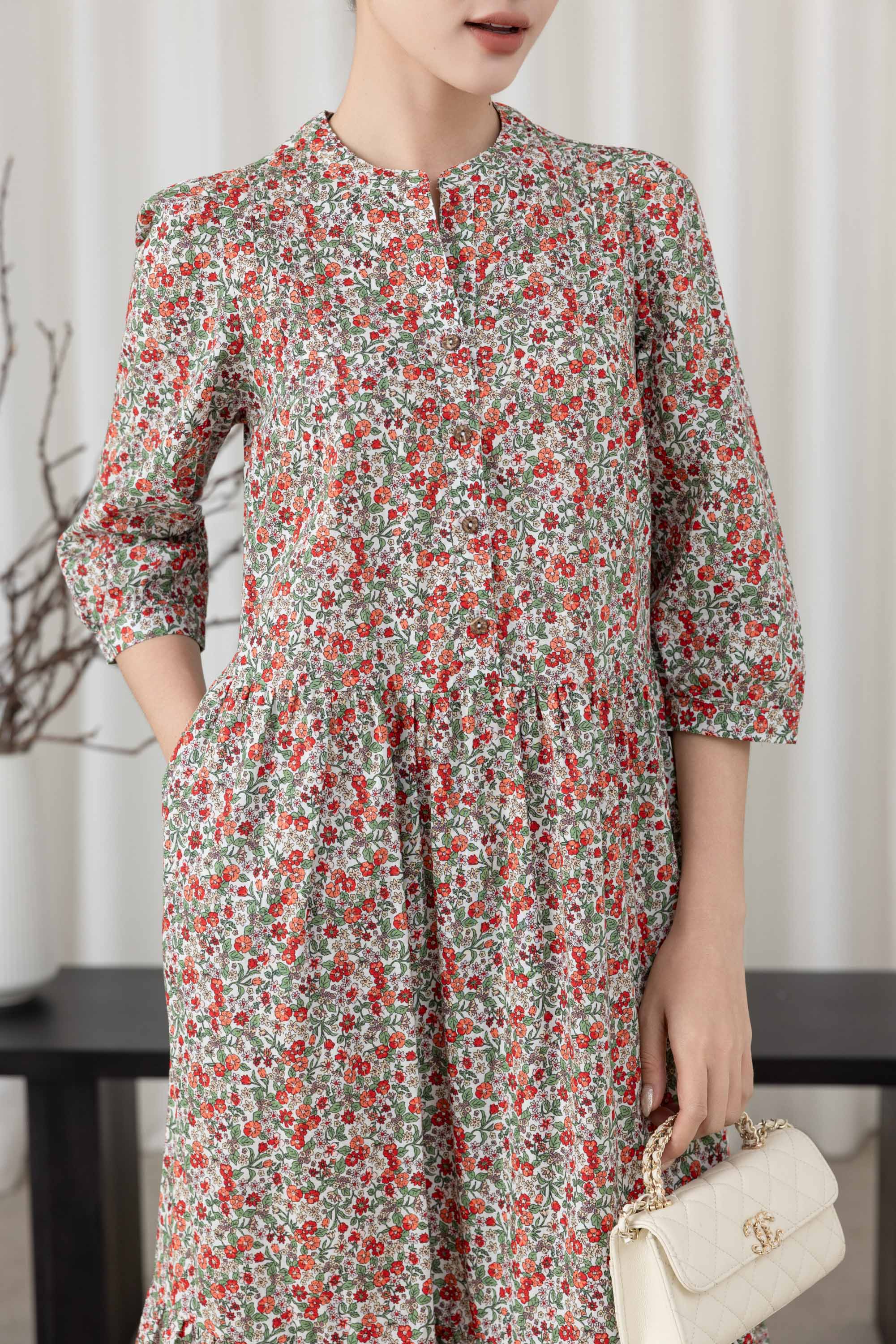 SWANLAKE | Váy Đầm Nữ Maxi Dáng Dài Cổ Trụ Cài Nút Tay Lỡ Linen Bông Nhí Xếp Ly Đuôi Cá D12355LW11
