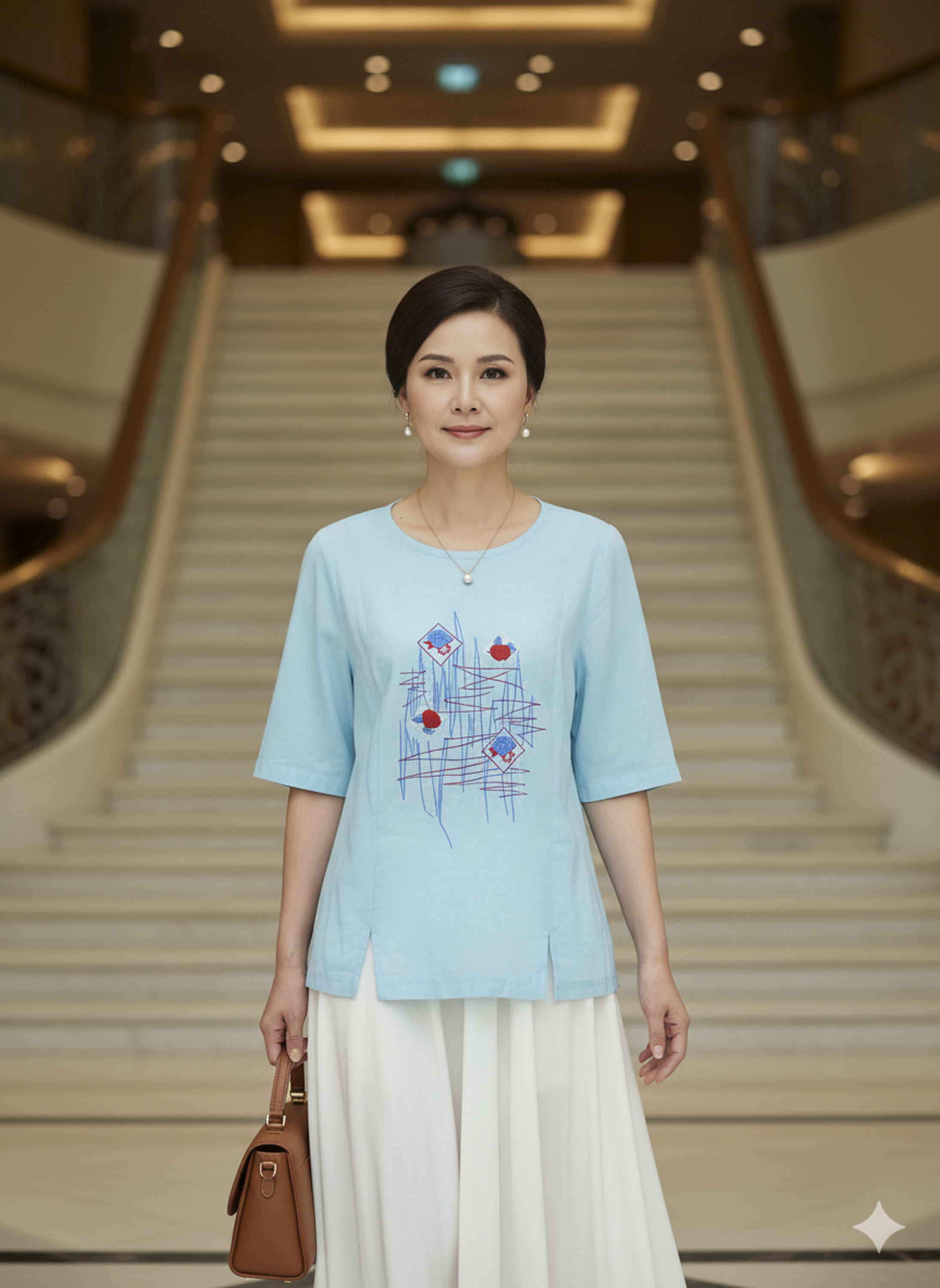 M COLLECTION | Áo Kiểu Nữ Trung Niên Tặng Mẹ Phom Suông Cổ Tròn Chất Vải Linen Thêu Họa Tiết A10943LW01