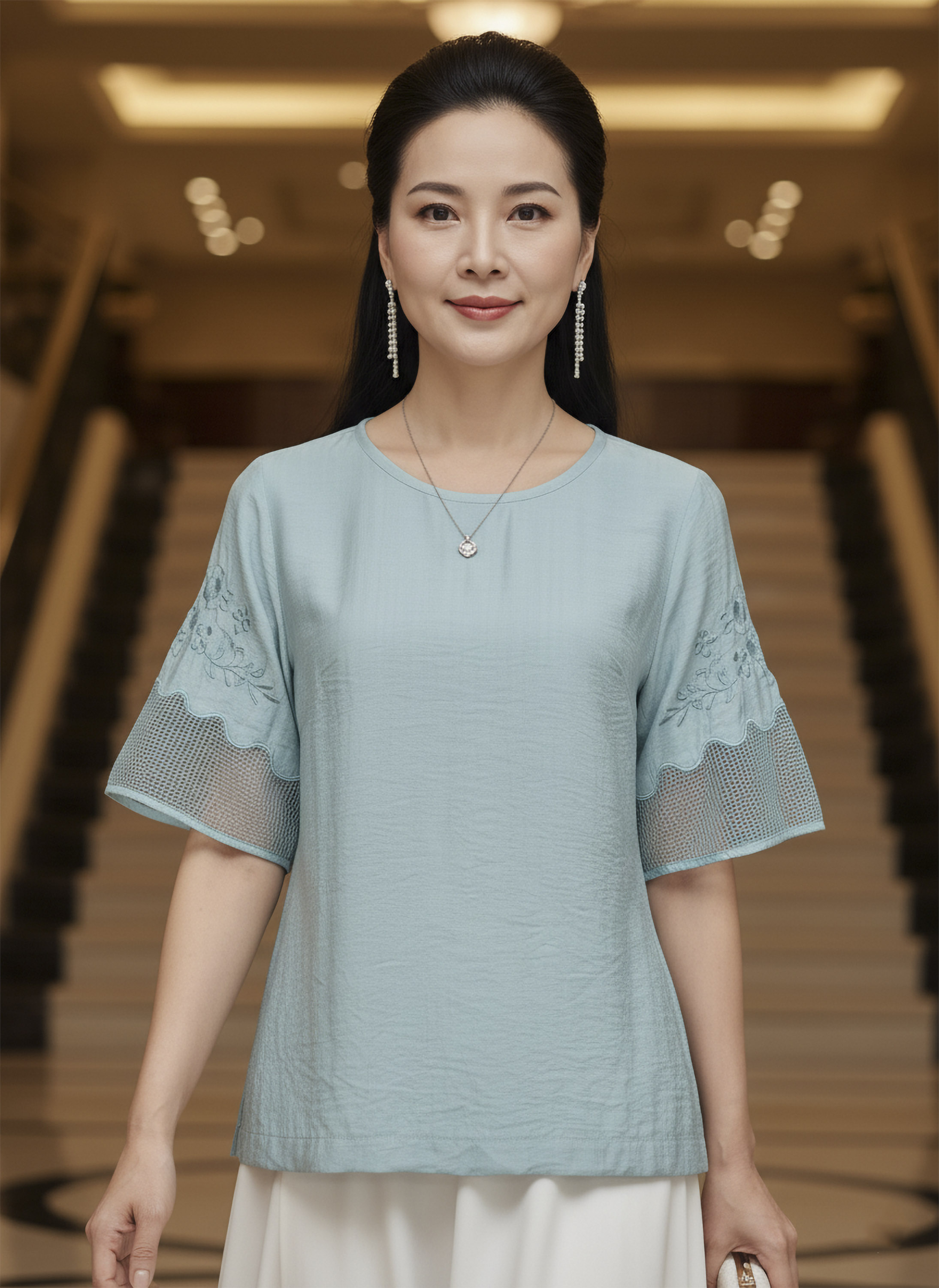 M COLLECTION | Áo Kiểu Nữ Trung Niên Tặng Mẹ Cổ Tròn Vải Lụa Hàn Thêu Hoa Phối Tay Lưới A10957