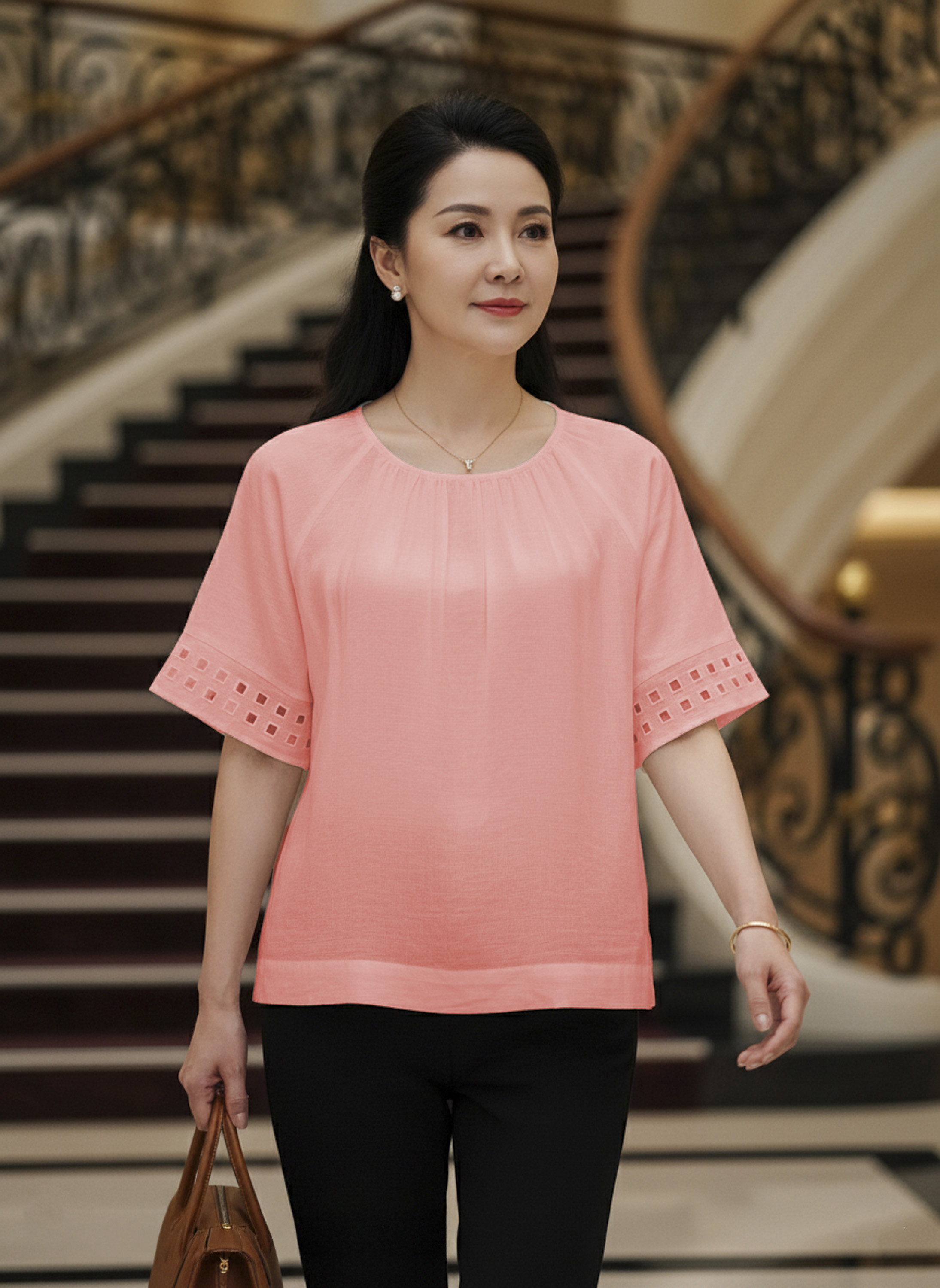 M COLLECTION | Áo Kiểu Nữ Trung Niên Tặng Mẹ, Bà Chất Vải Lụa Hàn Cổ Tròn Bo Chun Tay Ngắn A11631