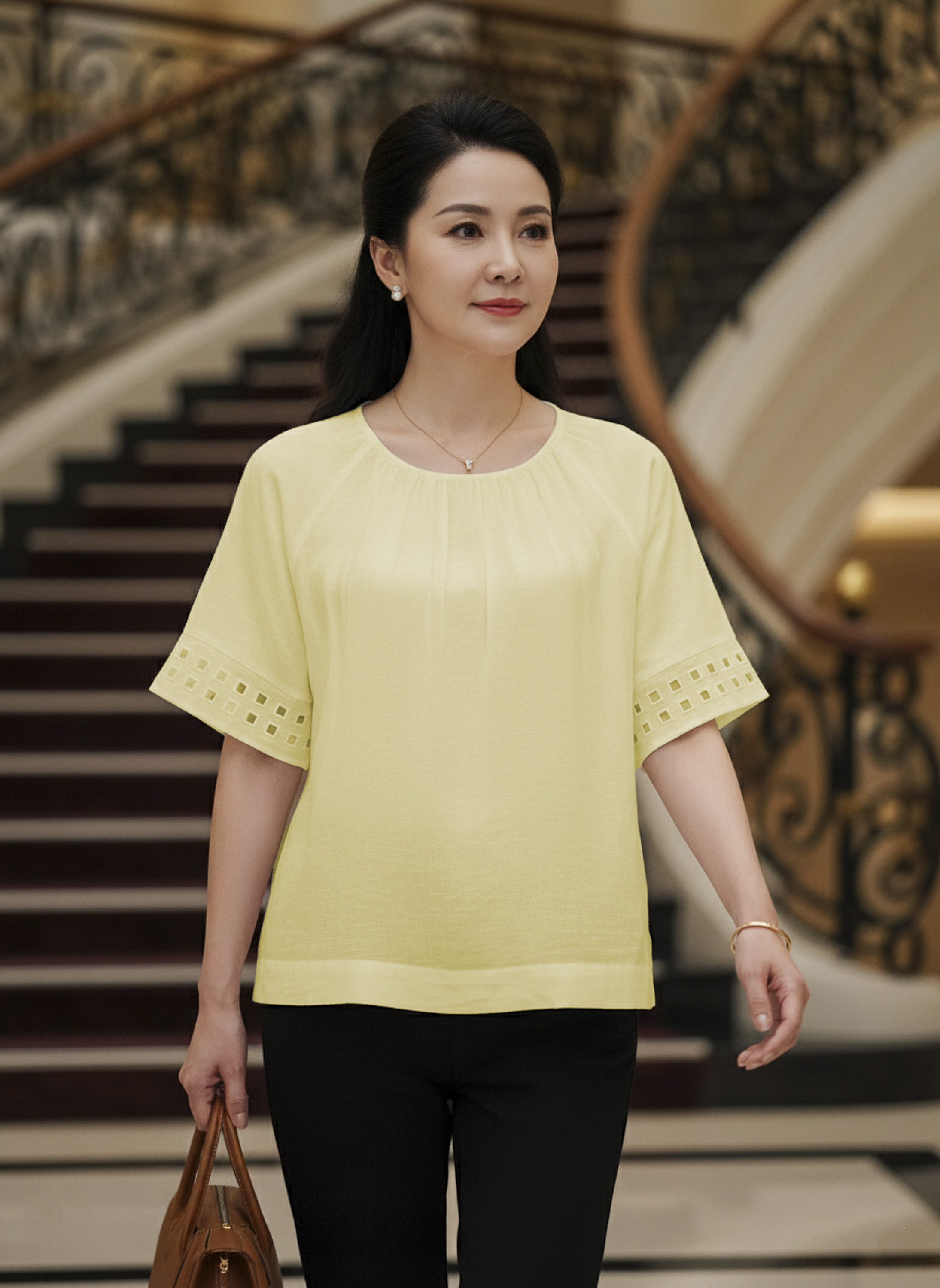 M COLLECTION | Áo Kiểu Nữ Trung Niên Tặng Mẹ, Bà Chất Vải Lụa Hàn Cổ Tròn Bo Chun Tay Ngắn A11631