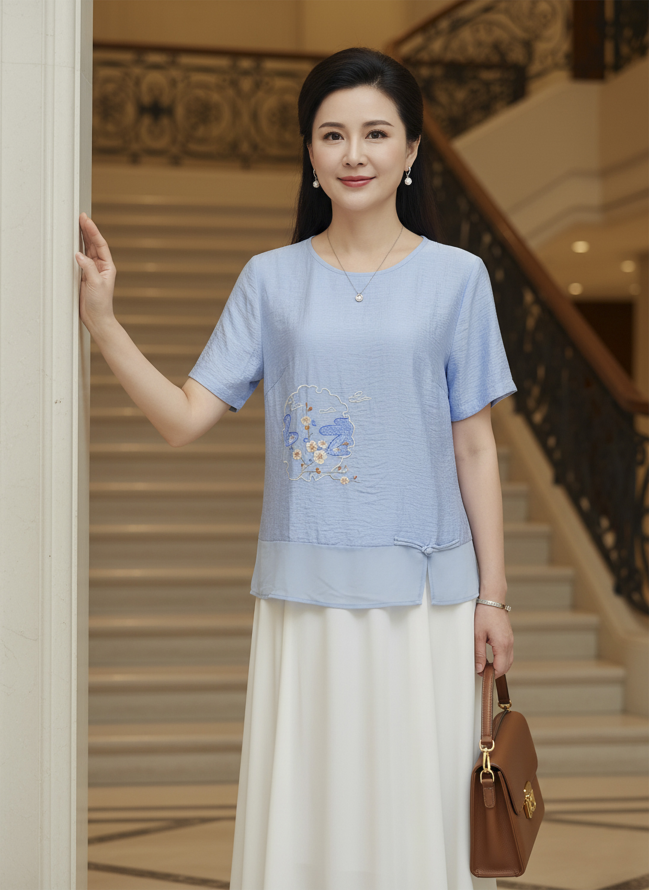 M COLLECTION | Áo Kiểu Nữ Trung Niên Tặng Mẹ Bà Chất Vải Lụa Hàn Thêu Hoa Cổ Tròn Tay Ngắn A12342