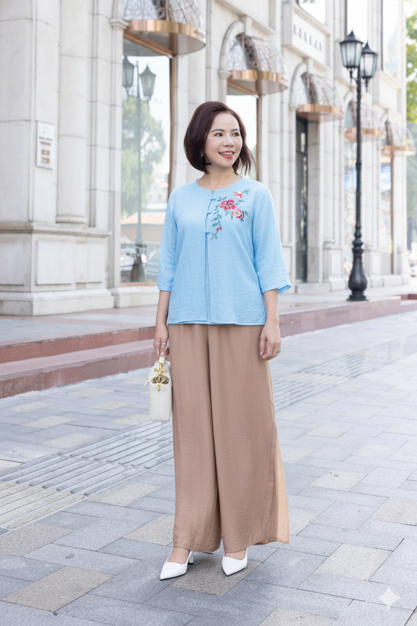 M COLLECTION | Áo Kiểu Nữ Trung Niên Tặng Mẹ Tơ Lót Lụa Hàn Thêu Hoa Cài Nút Tay Lỡ Xẻ 2 Mảnh A12848LW01