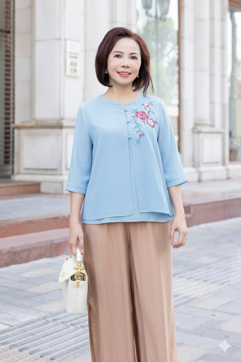 M COLLECTION | Áo Kiểu Nữ Trung Niên Tặng Mẹ Tơ Lót Lụa Hàn Thêu Hoa Cài Nút Tay Lỡ Xẻ 2 Mảnh A12848LW01