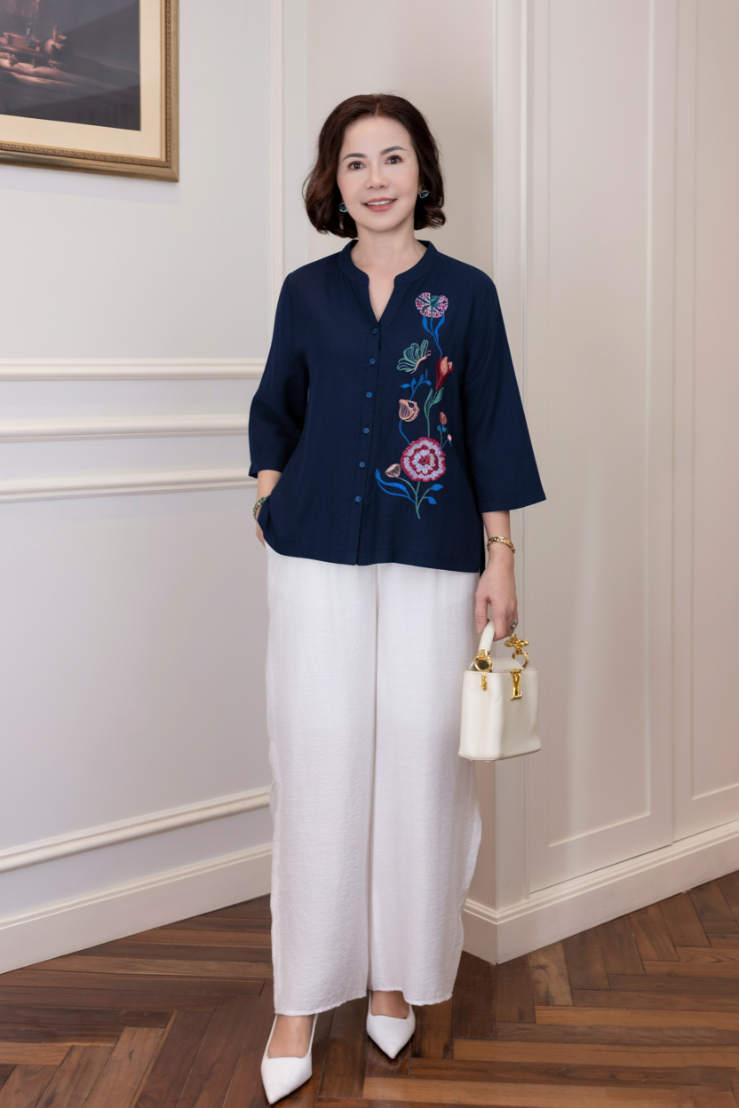 M COLLECTION | Áo Nữ Trung Niên Tặng Mẹ Cổ Trụ Lụa Hàn Cài Nút Tay Lỡ Thoáng Mát Thêu Hoa A13043LW01