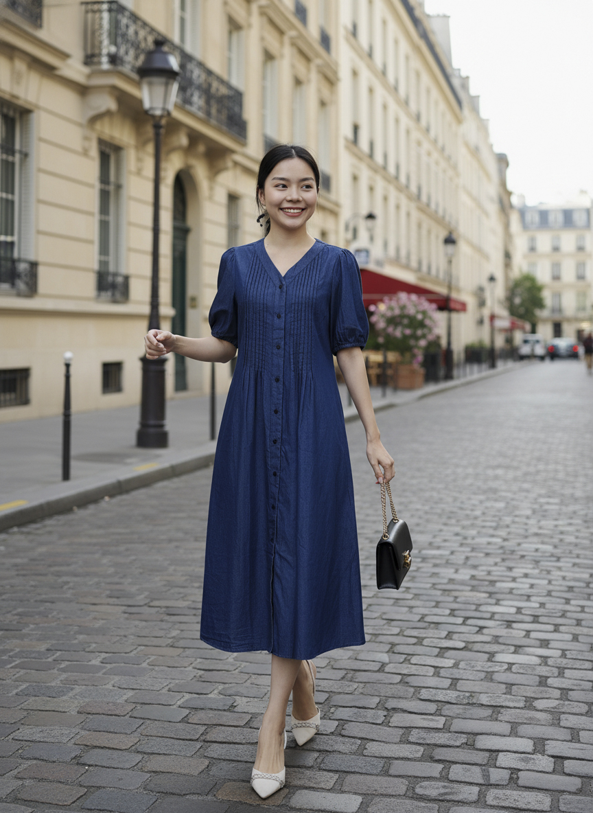 SWANLAKE | Váy Đầm Nữ Midi Suông Trơn Cài Nút Denim Jean Wash Tay Ngắn Cổ Chữ V Công Sở D13352MW01