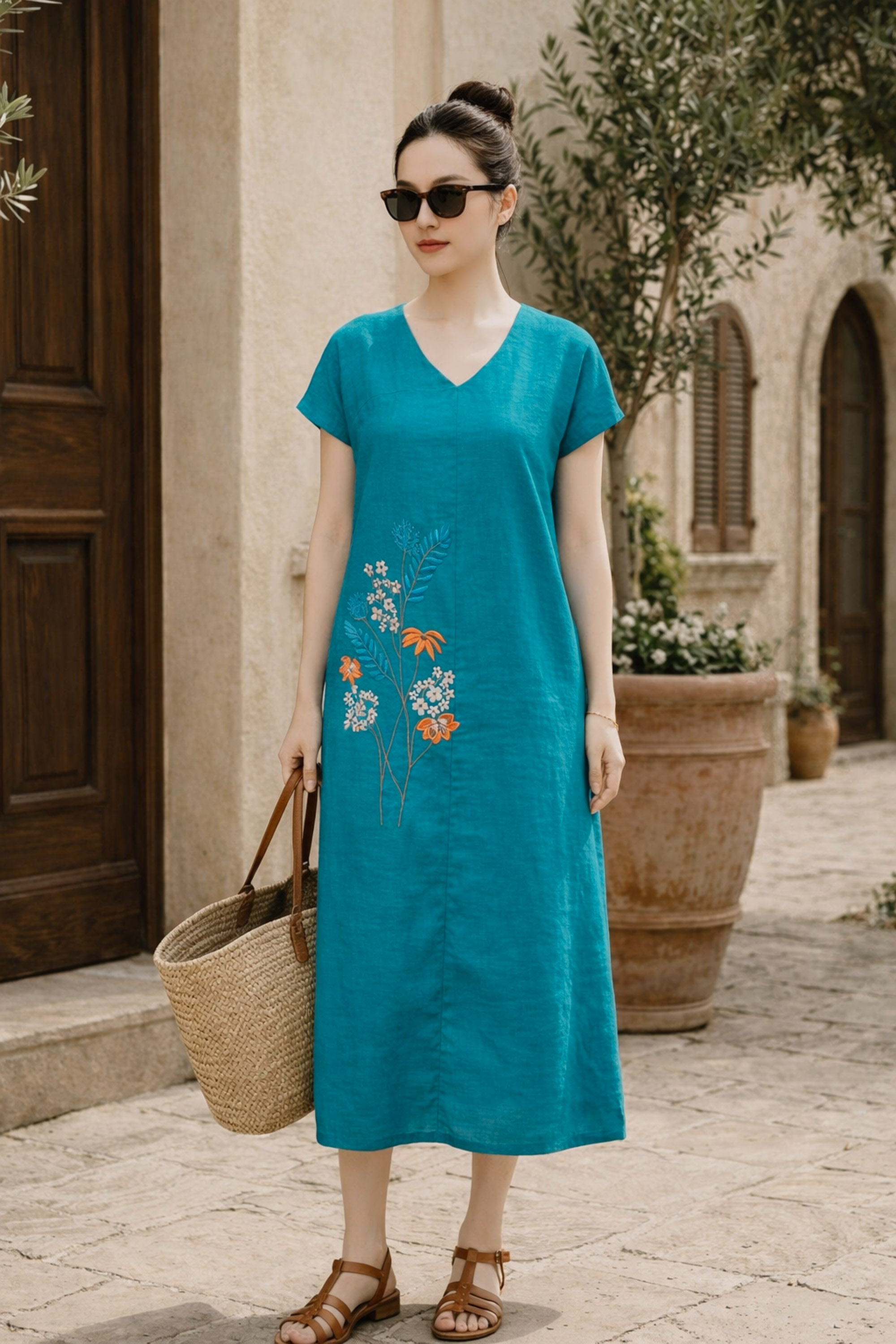 SWANLAKE | Váy Đầm Nữ Maxi Suông Tay Hến Cổ Chữ V Vải Linen Thêu Hoa Công Sở Dạo Phố Hè D13729LW01