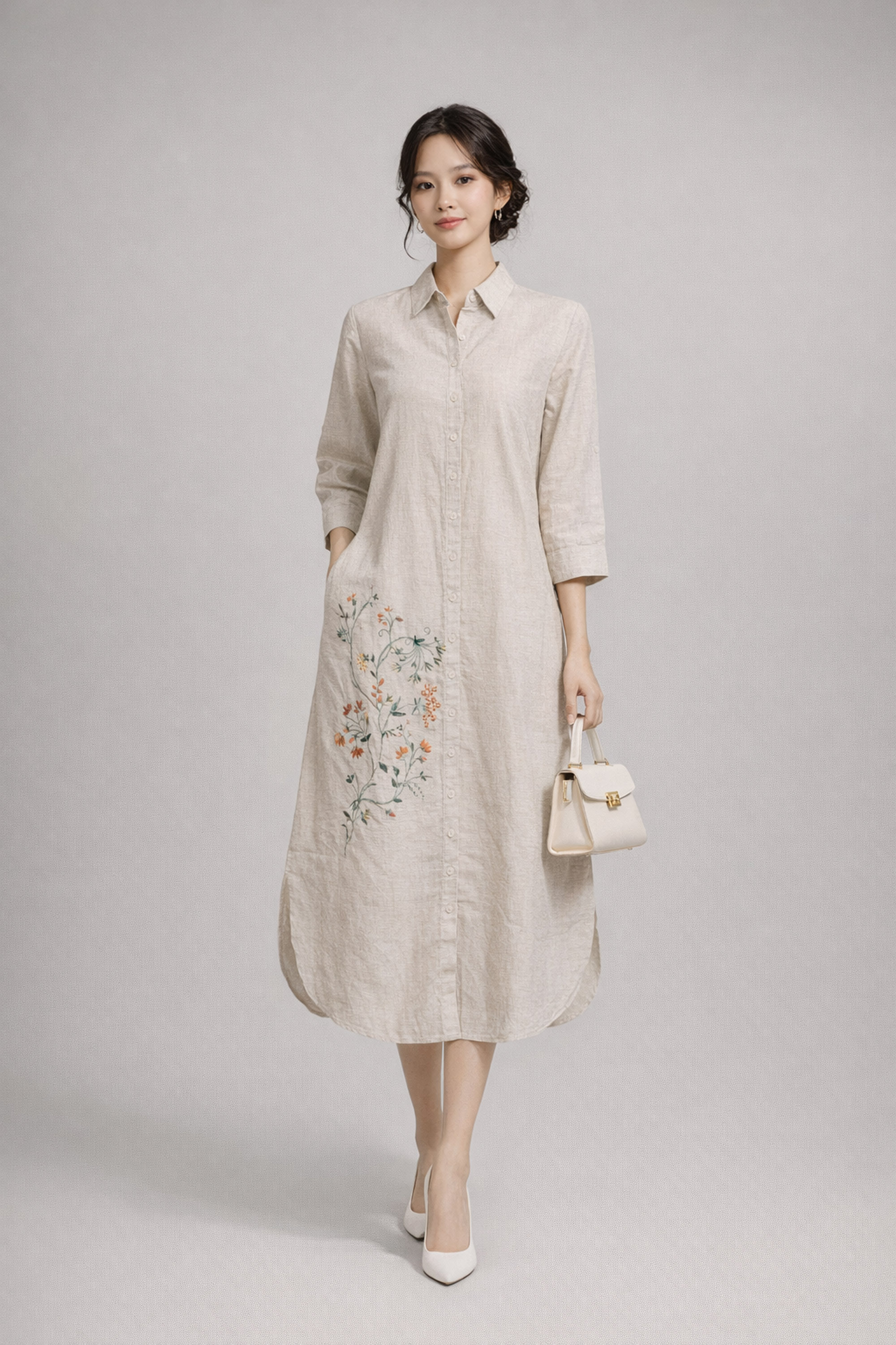 SWANLAKE | Váy Đầm Nữ Suông Vải Linen Thêu Hoa Cổ Sơ Mi Cài Nút Tay Lỡ Dây Thắt Eo Công Sở D13577LW01