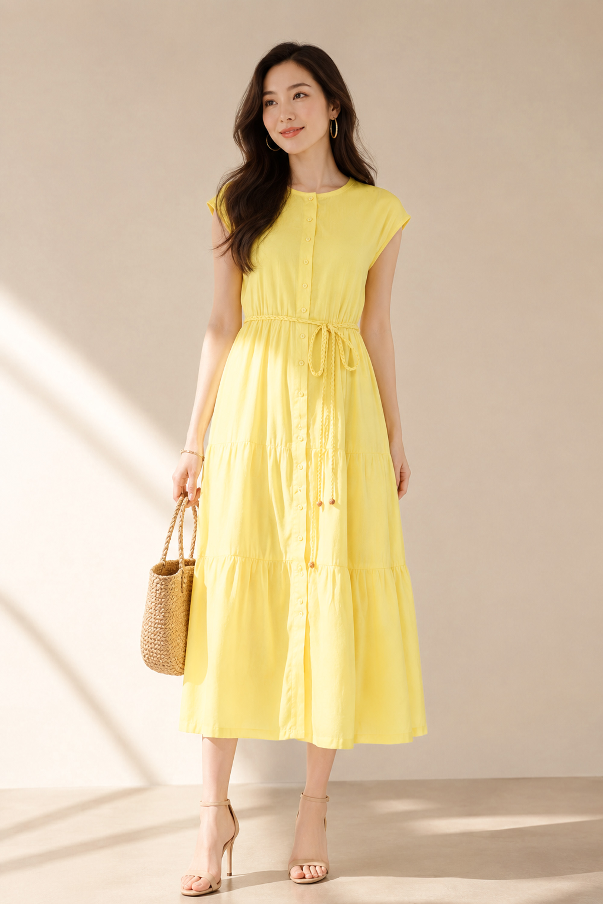 SWANLAKE | Váy Đầm Midi Tơ Cotton Có Cột Dây Chất Tơ Tay Hến D12971LW01
