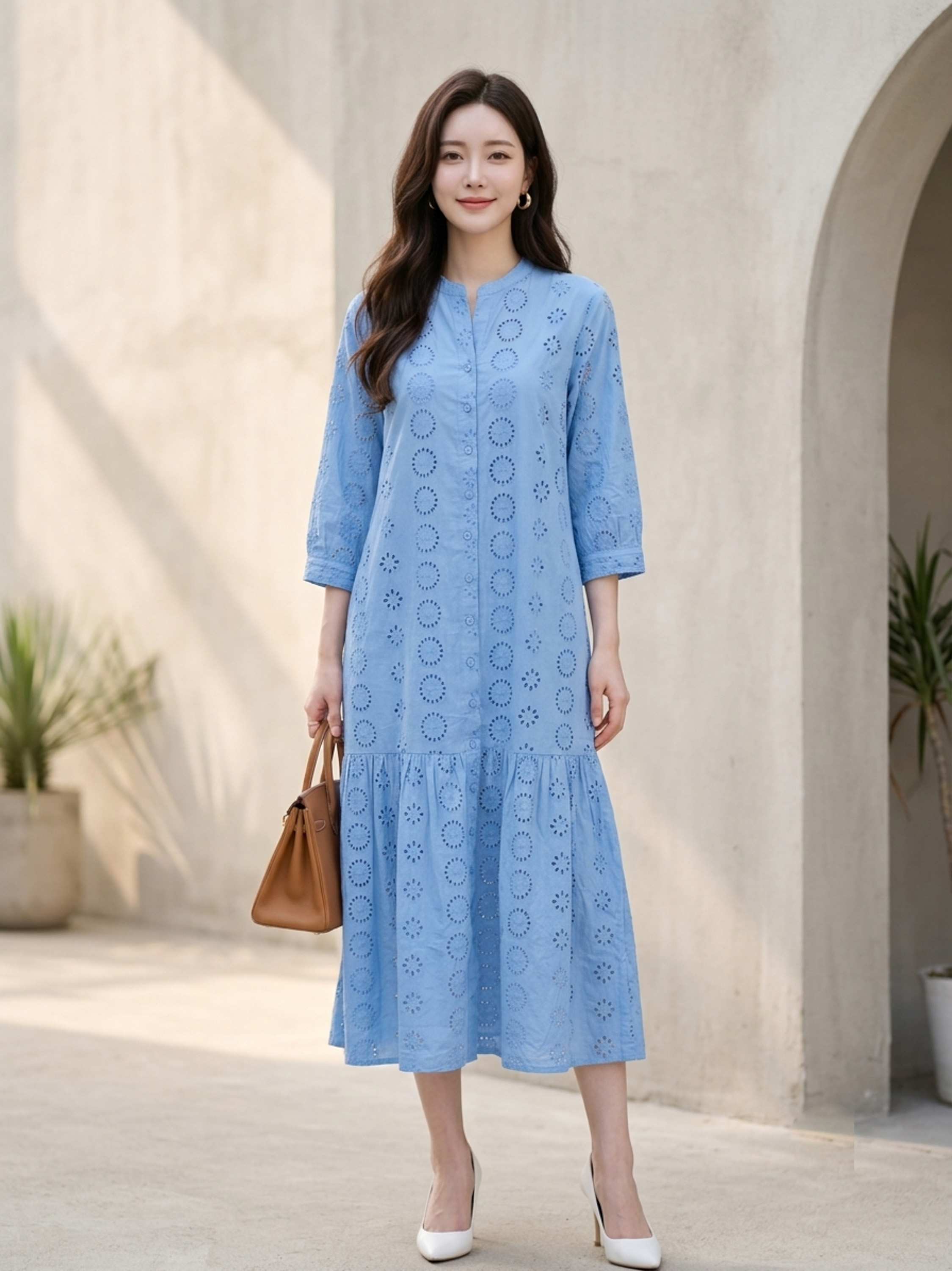 SWANLAKE | Váy Đầm Nữ Maxi Suông Đuôi Cá Cổ Trụ Cài Nút Cotton Thêu Đục Lỗ Tay Lỡ Du Lịch Hè D12761LW05