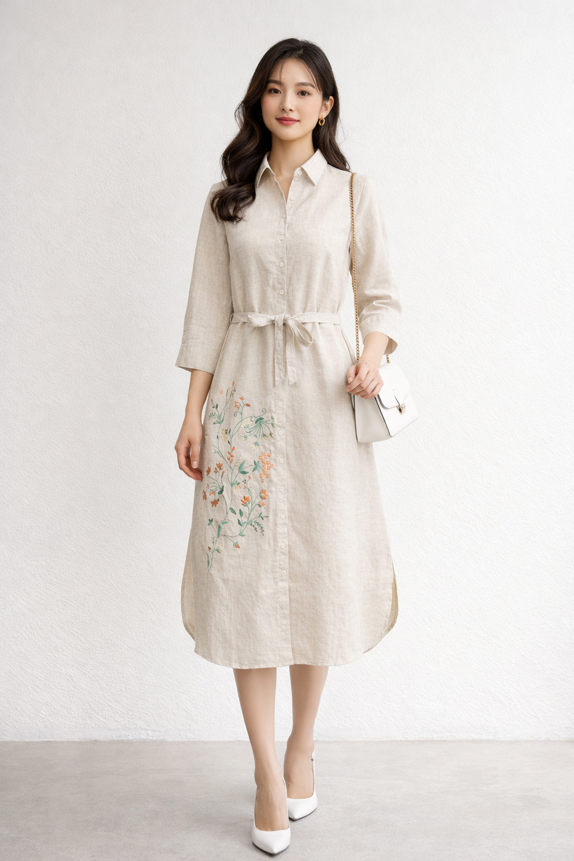 SWANLAKE | Váy Đầm Nữ Suông Vải Linen Thêu Hoa Cổ Sơ Mi Cài Nút Tay Lỡ Dây Thắt Eo Công Sở D13577LW01