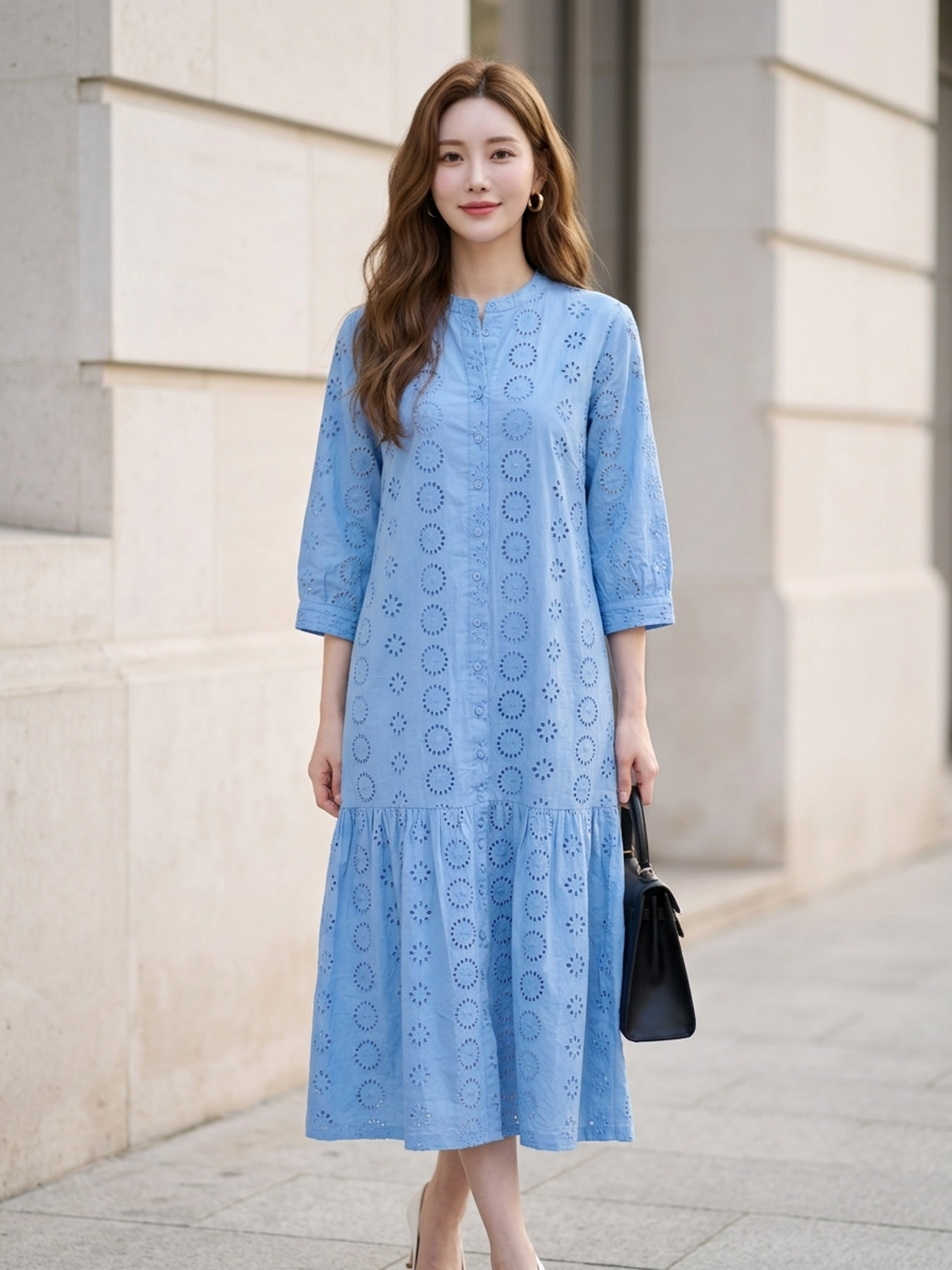SWANLAKE | Váy Đầm Nữ Maxi Suông Đuôi Cá Cổ Trụ Cài Nút Cotton Thêu Đục Lỗ Tay Lỡ Du Lịch Hè D12761LW05