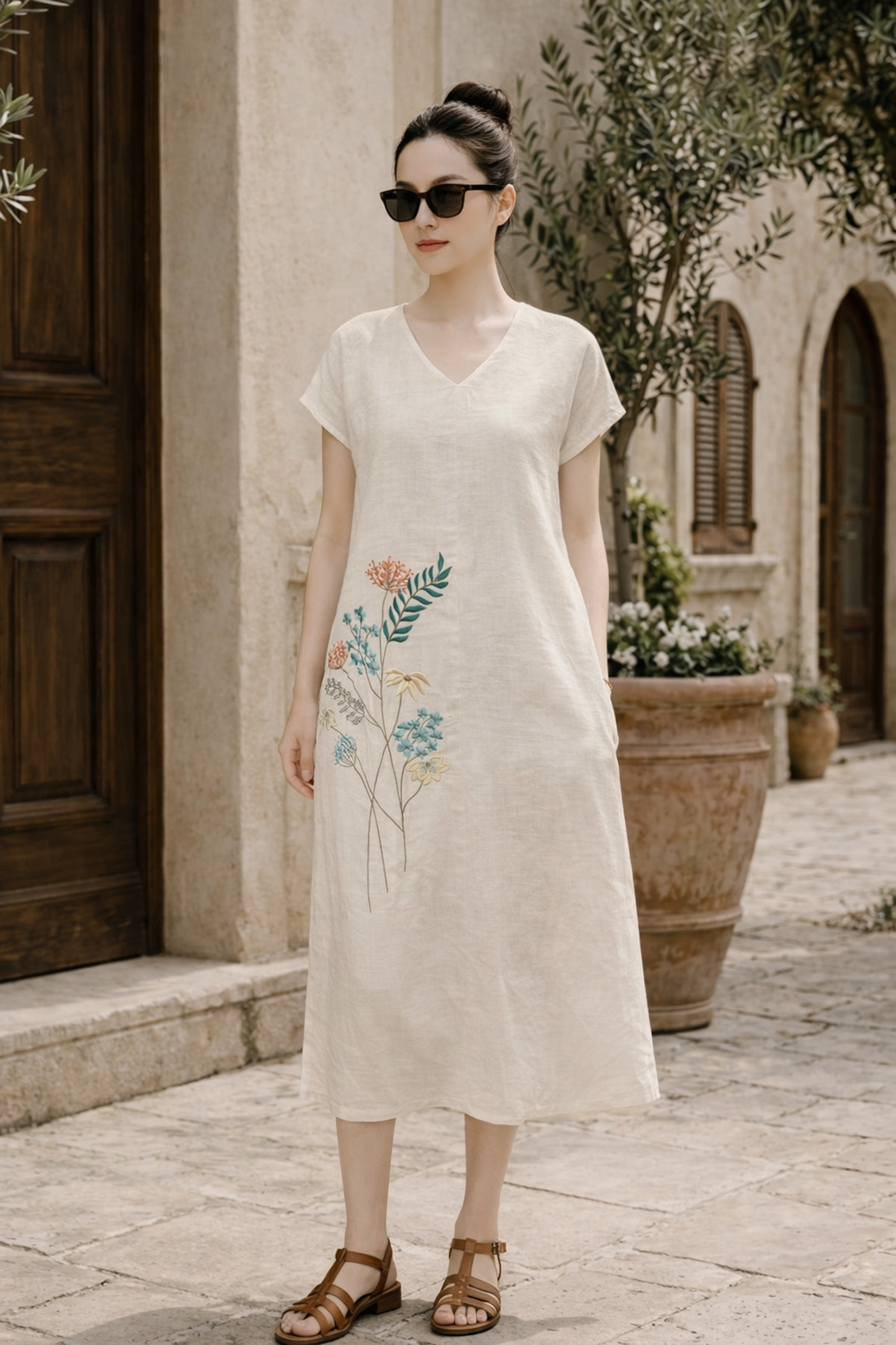 SWANLAKE | Váy Đầm Nữ Maxi Suông Tay Hến Cổ Chữ V Vải Linen Thêu Hoa Công Sở Dạo Phố Hè D13729LW01