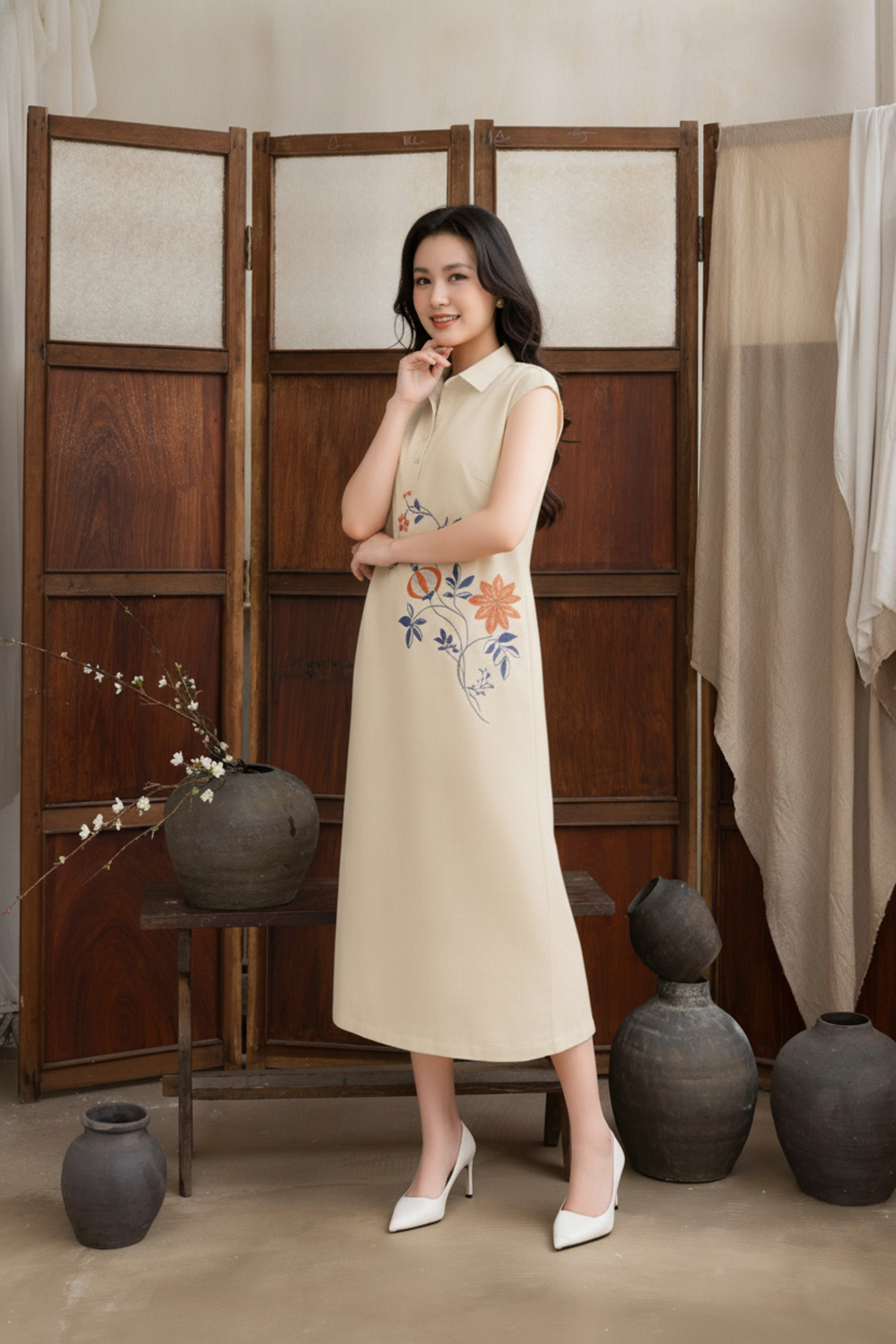 SWANLAKE | Váy Đầm Nữ Maxi Suông Sát Nách Cổ Sơ Mi Vải Linen Thêu Hoa Cao Cấp Đi Tiệc D13272LW01