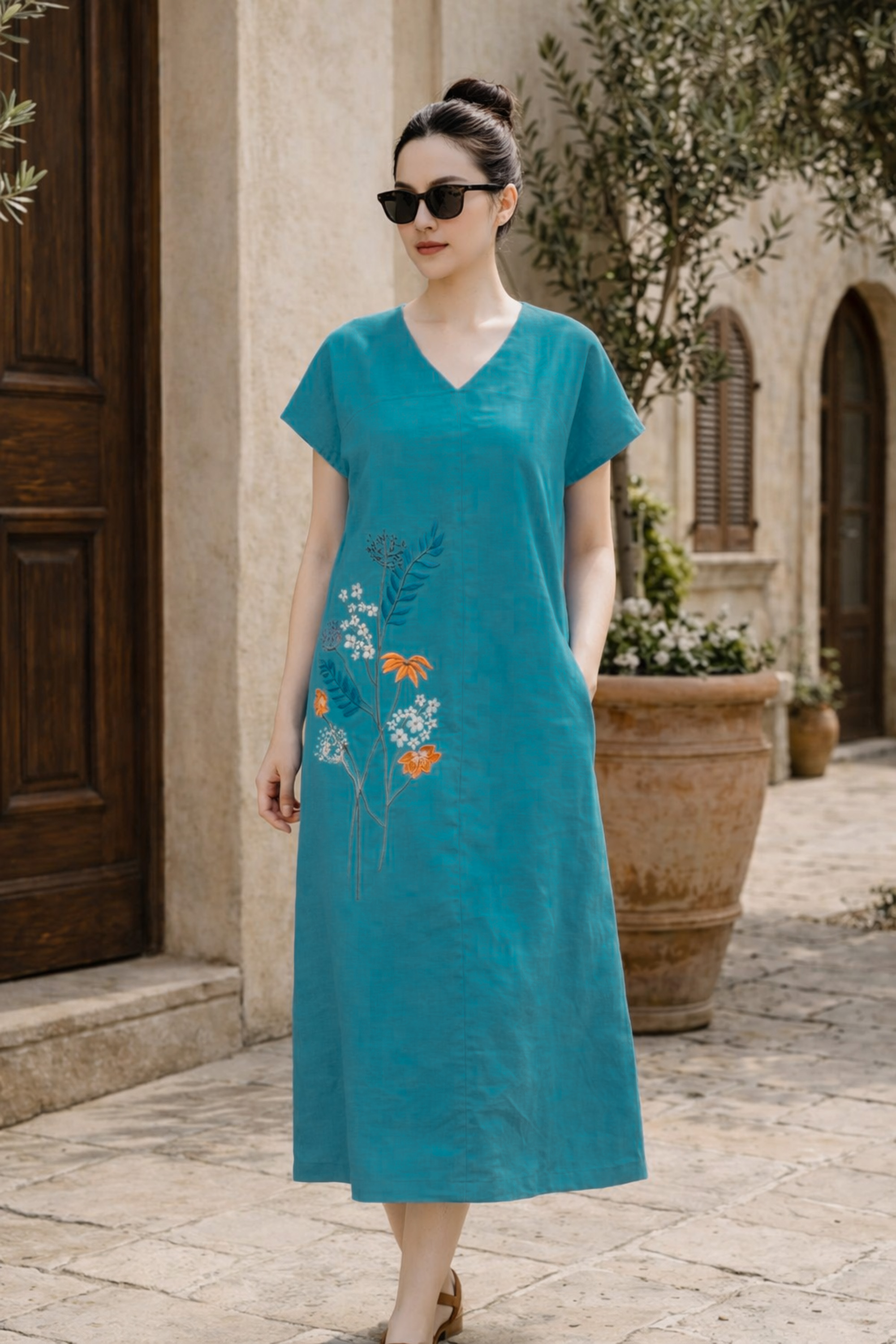 SWANLAKE | Váy Đầm Nữ Maxi Suông Tay Hến Cổ Chữ V Vải Linen Thêu Hoa Công Sở Dạo Phố Hè D13729LW01