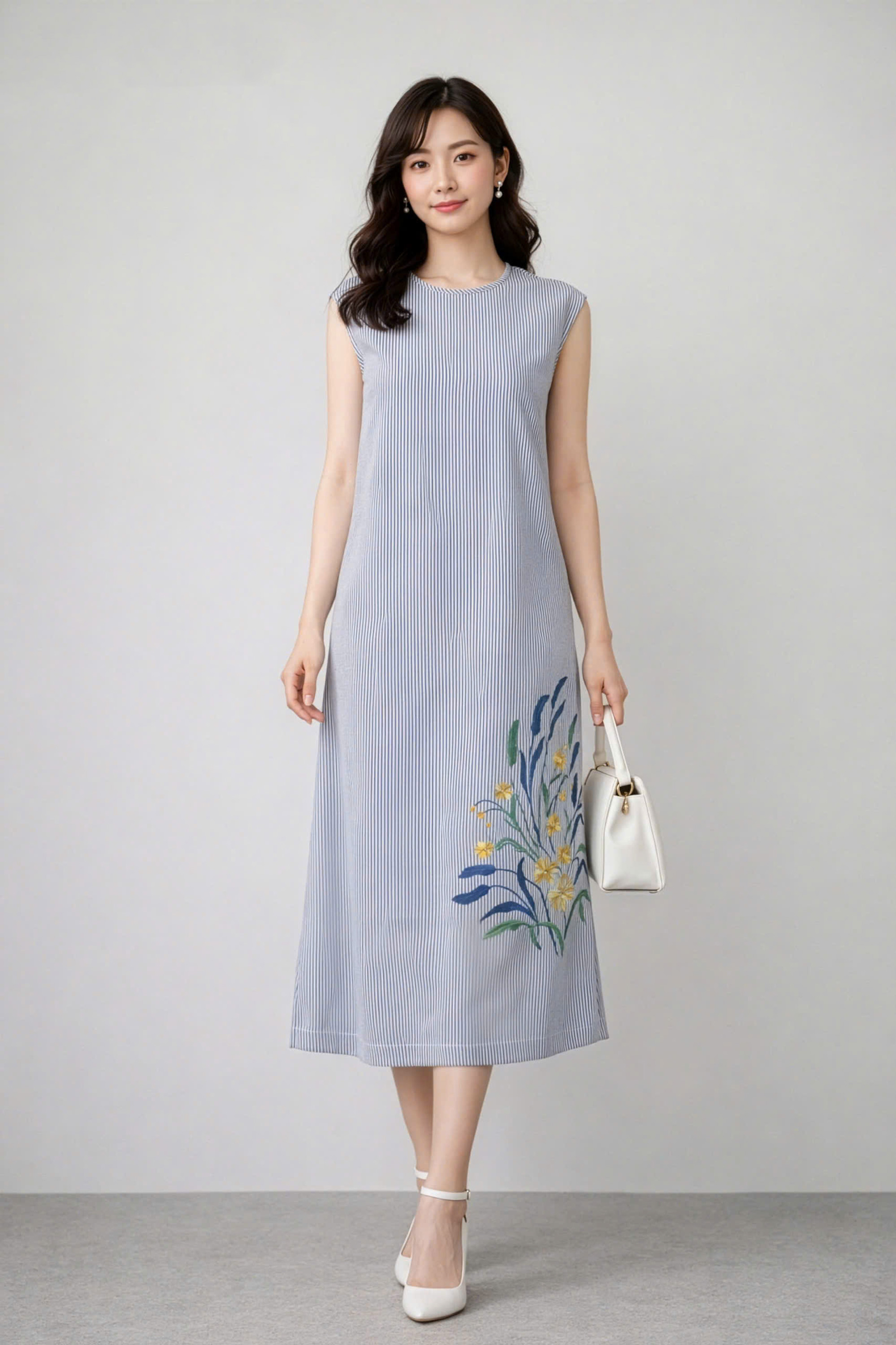 SWANLAKE | Váy Đầm Nữ Suông Sát Nách Vải Cotton Sọc Thêu Hoa Cổ Tròn Dạo Phố Du Lịch Hè D13550LW01
