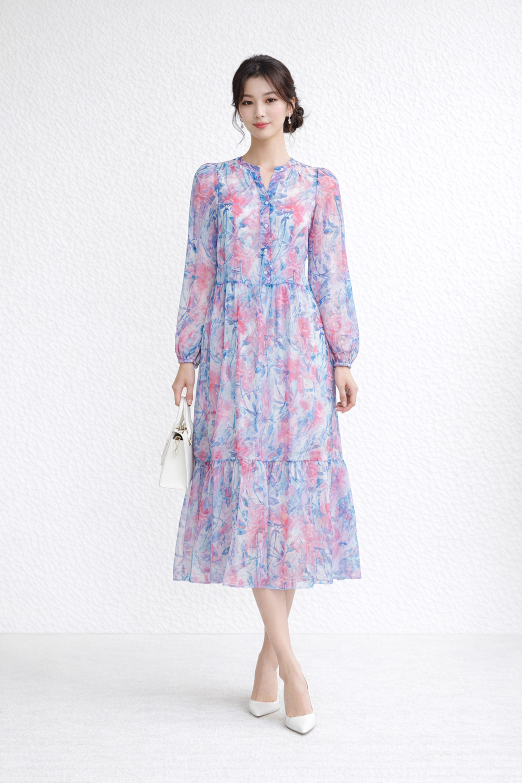 SWANLAKE | Váy Đầm Nữ Maxi Suông Xòe 2 Lớp Cổ Chữ V Cài Nút Tay Dài Vải Tơ In Hoa Đi Biển Hè D12073LW12