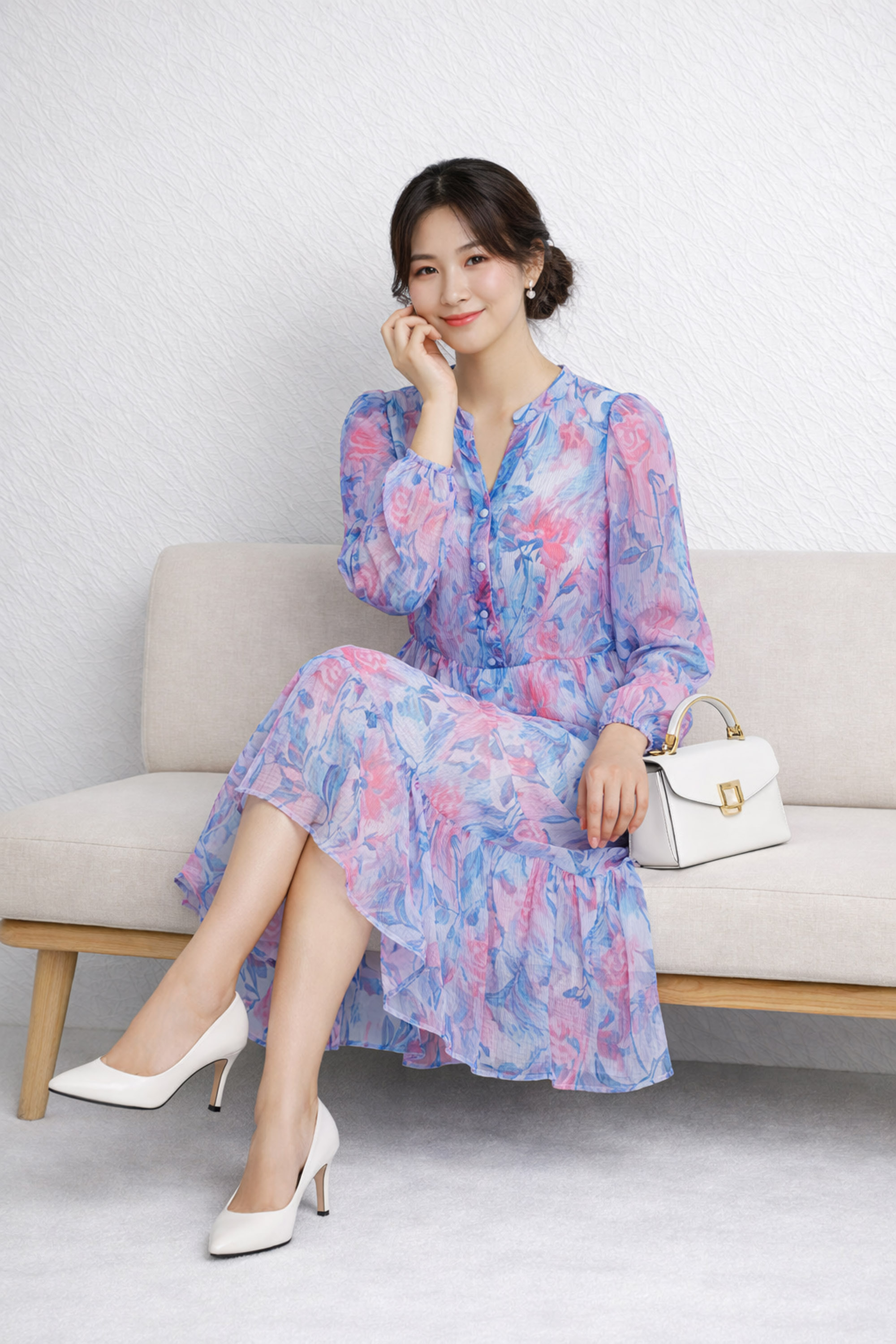 SWANLAKE | Váy Đầm Nữ Maxi Suông Xòe 2 Lớp Cổ Chữ V Cài Nút Tay Dài Vải Tơ In Hoa Đi Biển Hè D12073LW12