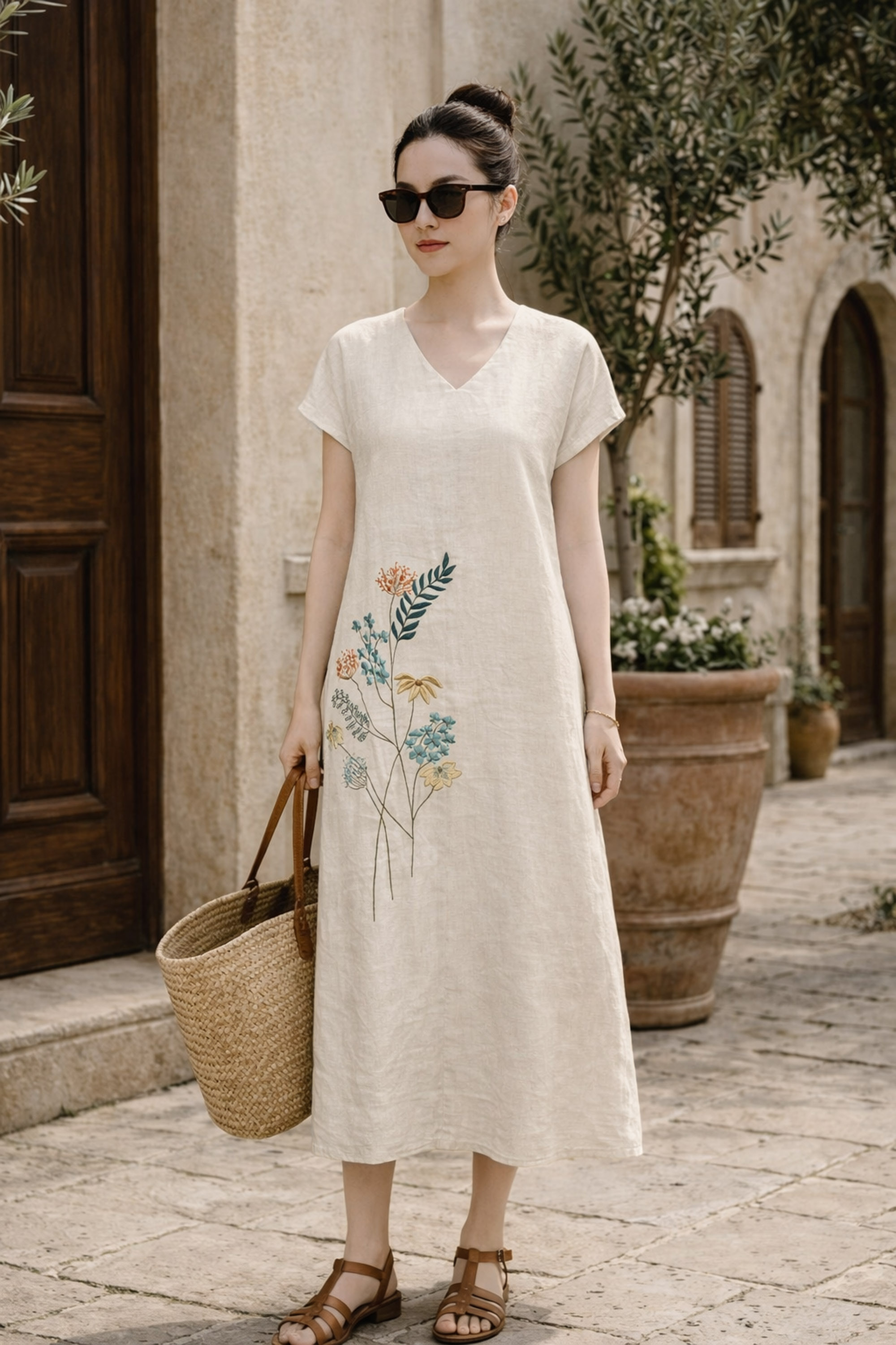 SWANLAKE | Váy Đầm Nữ Maxi Suông Tay Hến Cổ Chữ V Vải Linen Thêu Hoa Công Sở Dạo Phố Hè D13729LW01