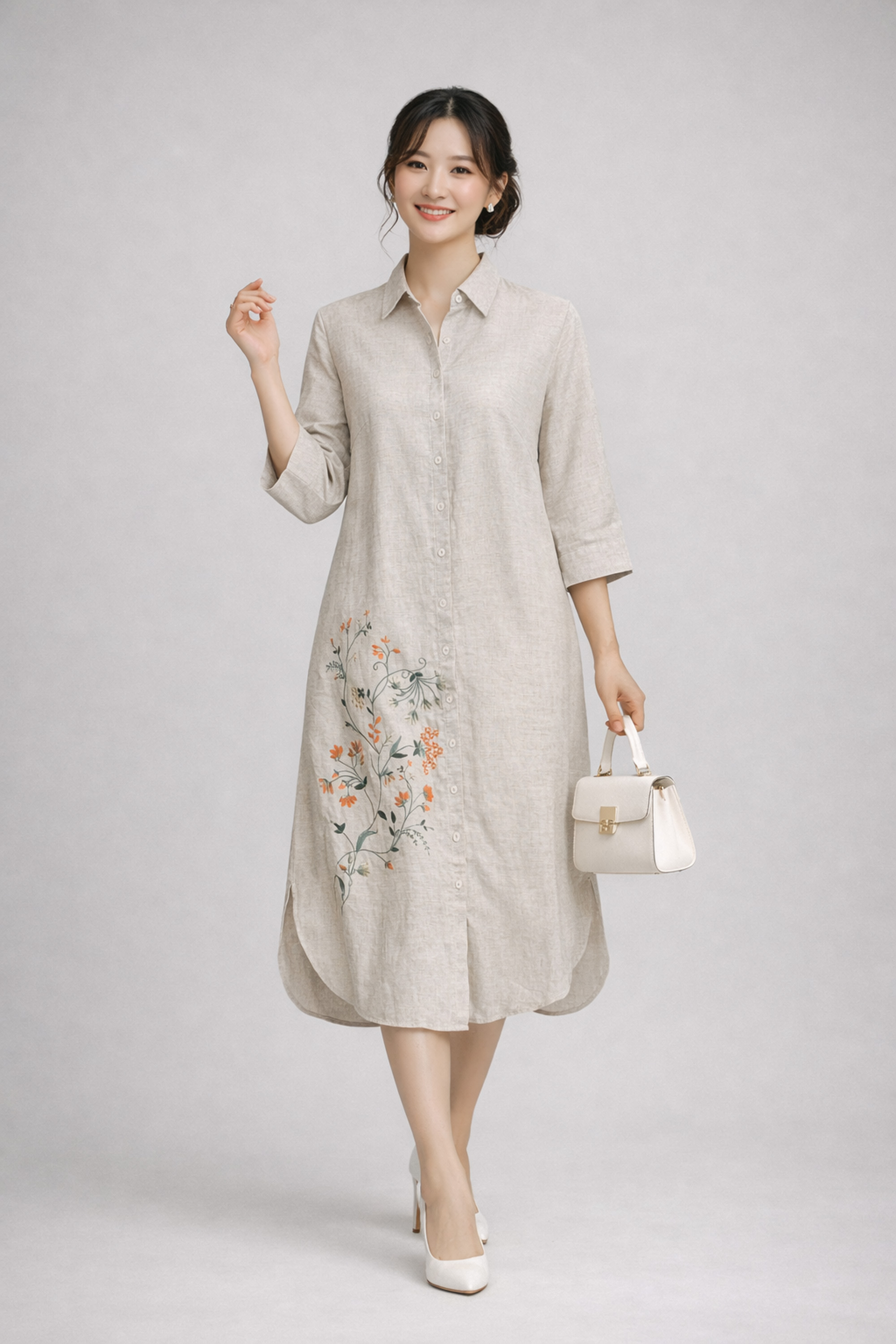 SWANLAKE | Váy Đầm Nữ Suông Vải Linen Thêu Hoa Cổ Sơ Mi Cài Nút Tay Lỡ Dây Thắt Eo Công Sở D13577LW01