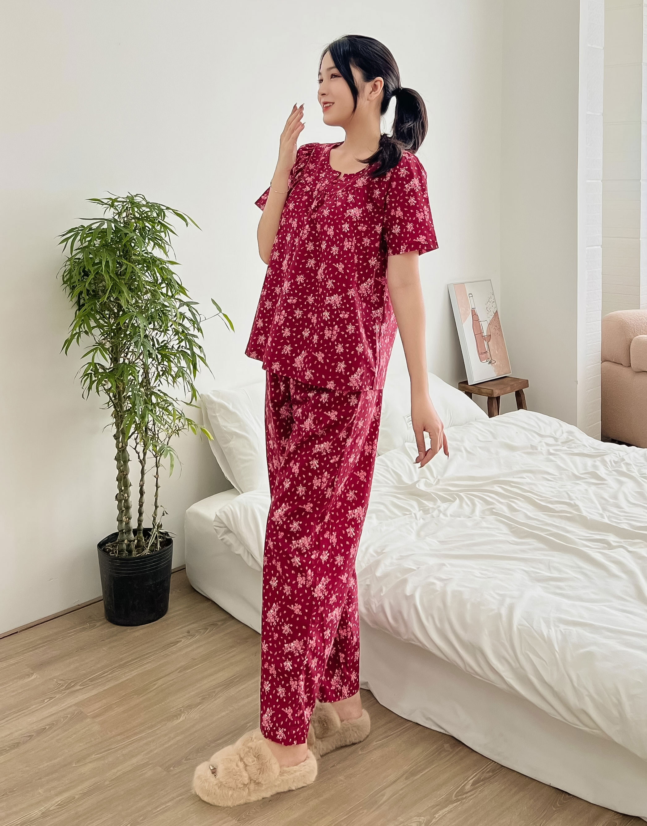 Đồ Bộ Mặc Nhà Quần Dài Tay Lỡ Vải Cotton Bông - B11019LW01