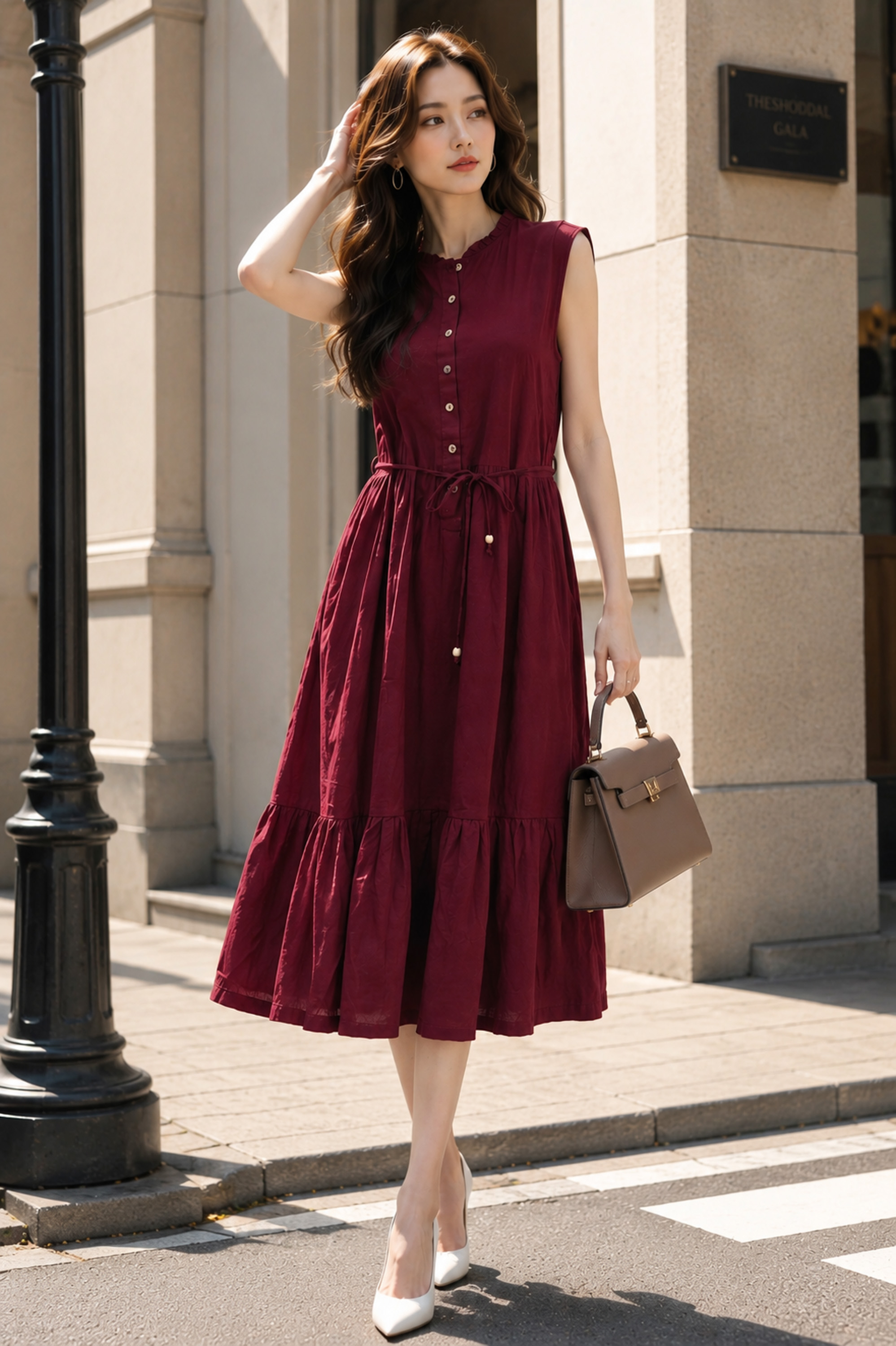 SWANLAKE | Váy Đầm Nữ Dài Đuôi Cá Xòe Sát Nách Vải Linen Hàn Cổ Trụ Cài Nút Công Sở Dạo Phố D13839LW01