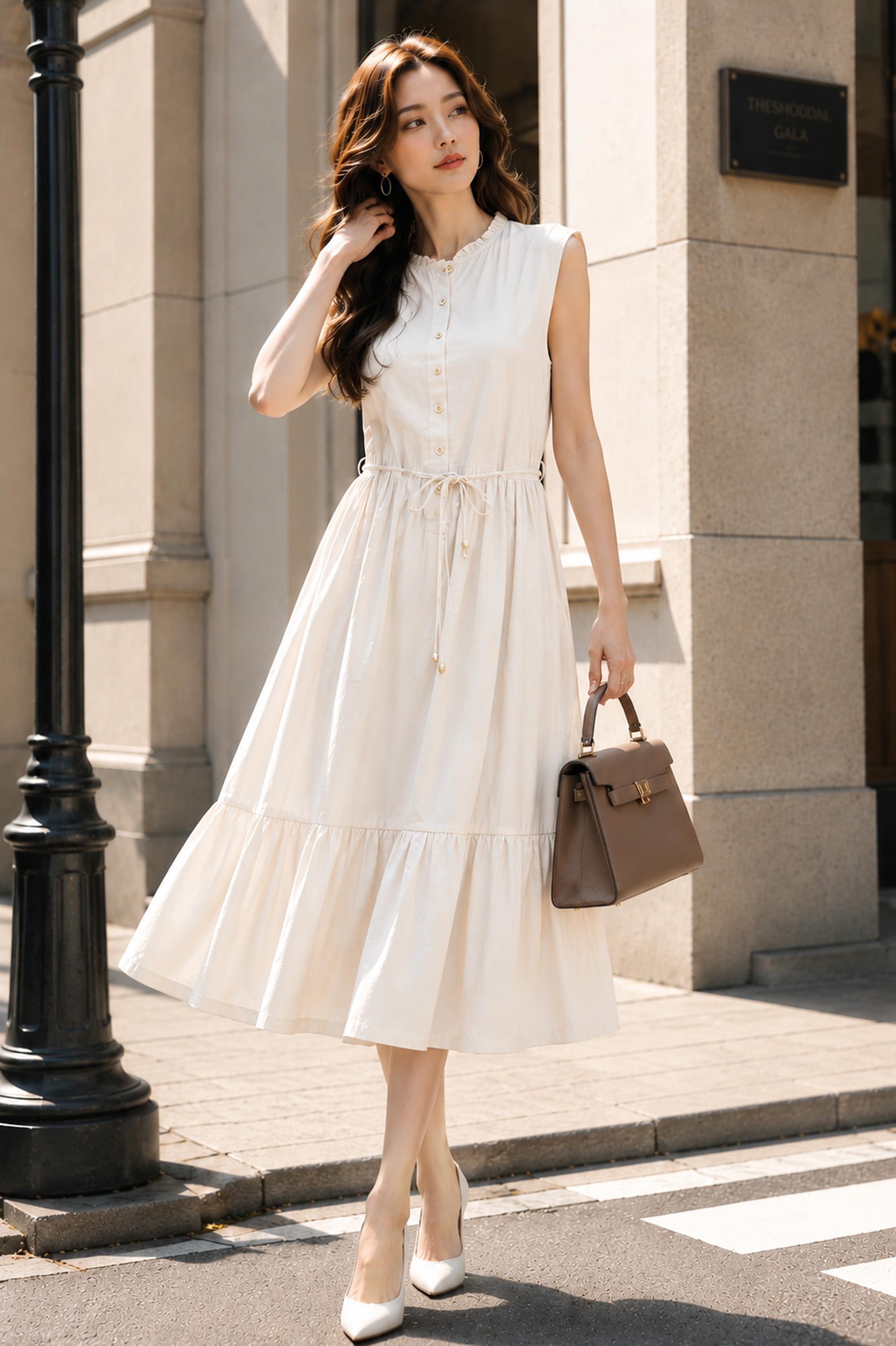 SWANLAKE | Váy Đầm Nữ Dài Đuôi Cá Xòe Sát Nách Vải Linen Hàn Cổ Trụ Cài Nút Công Sở Dạo Phố D13839LW01