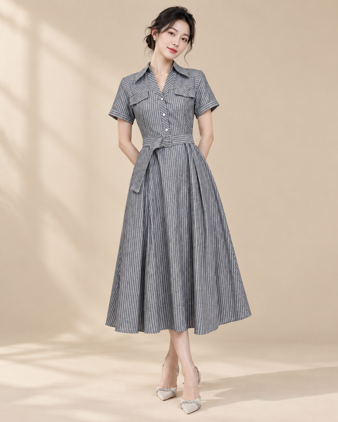 SWANLAKE | Váy Đầm Nữ Dài Dáng Xòe Cổ Sơ Mi Kẻ Sọc Vải Cotton Tay Ngắn Dây Thắt Eo Công Sở D14235MW01