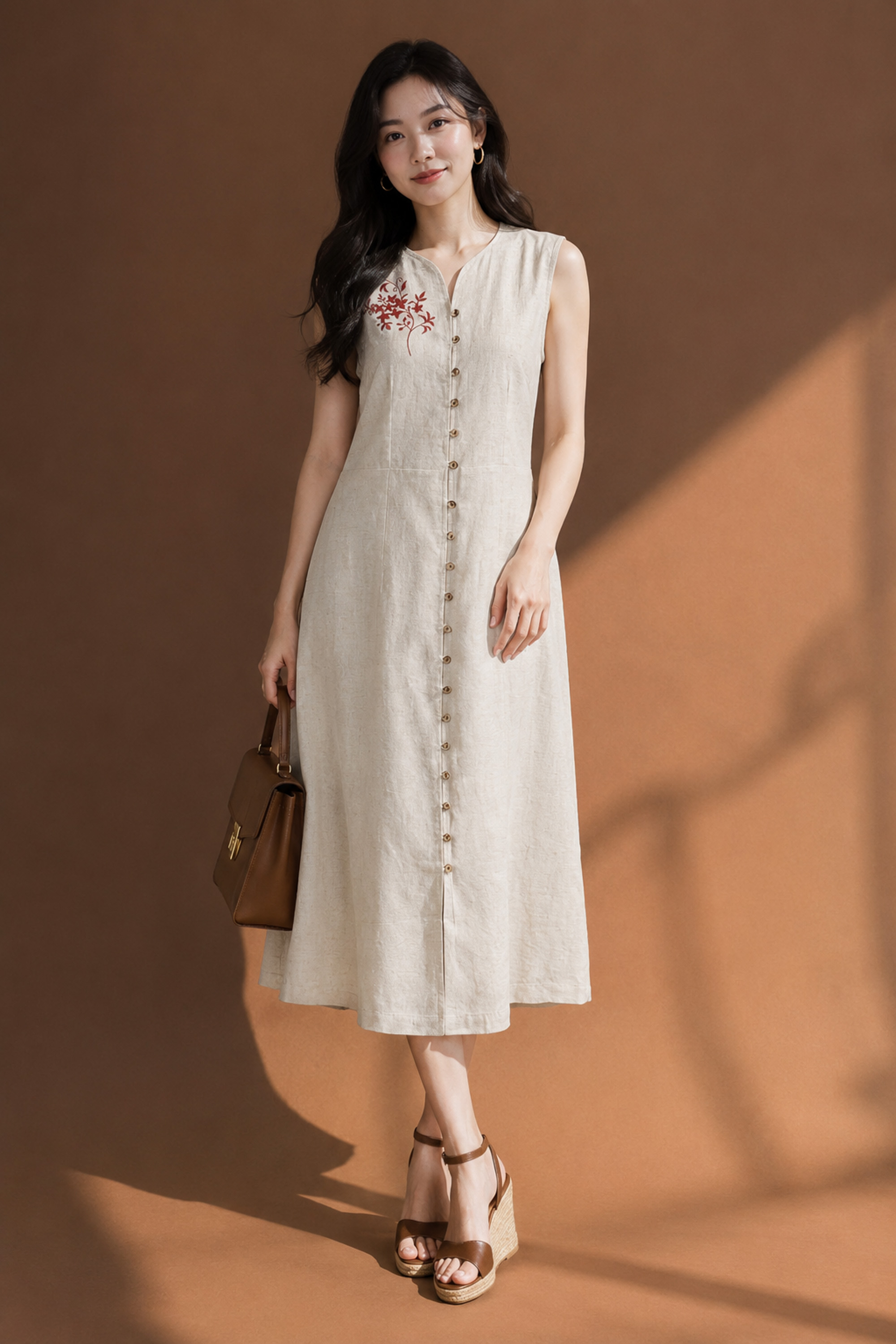 SWANLAKE | Váy Đầm Nữ Suông Dài Sát Nách Cài Nút Cổ Chữ V Vải Linen Thêu Hoa Công Sở Dạo Phố D13735LW01