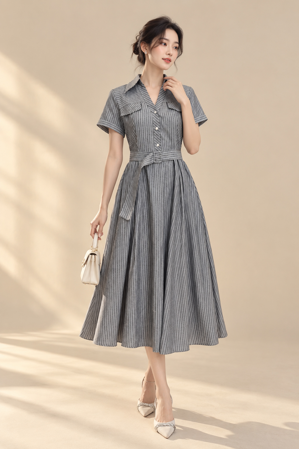 SWANLAKE | Váy Đầm Nữ Dài Dáng Xòe Cổ Sơ Mi Kẻ Sọc Vải Cotton Tay Ngắn Dây Thắt Eo Công Sở D14235MW01