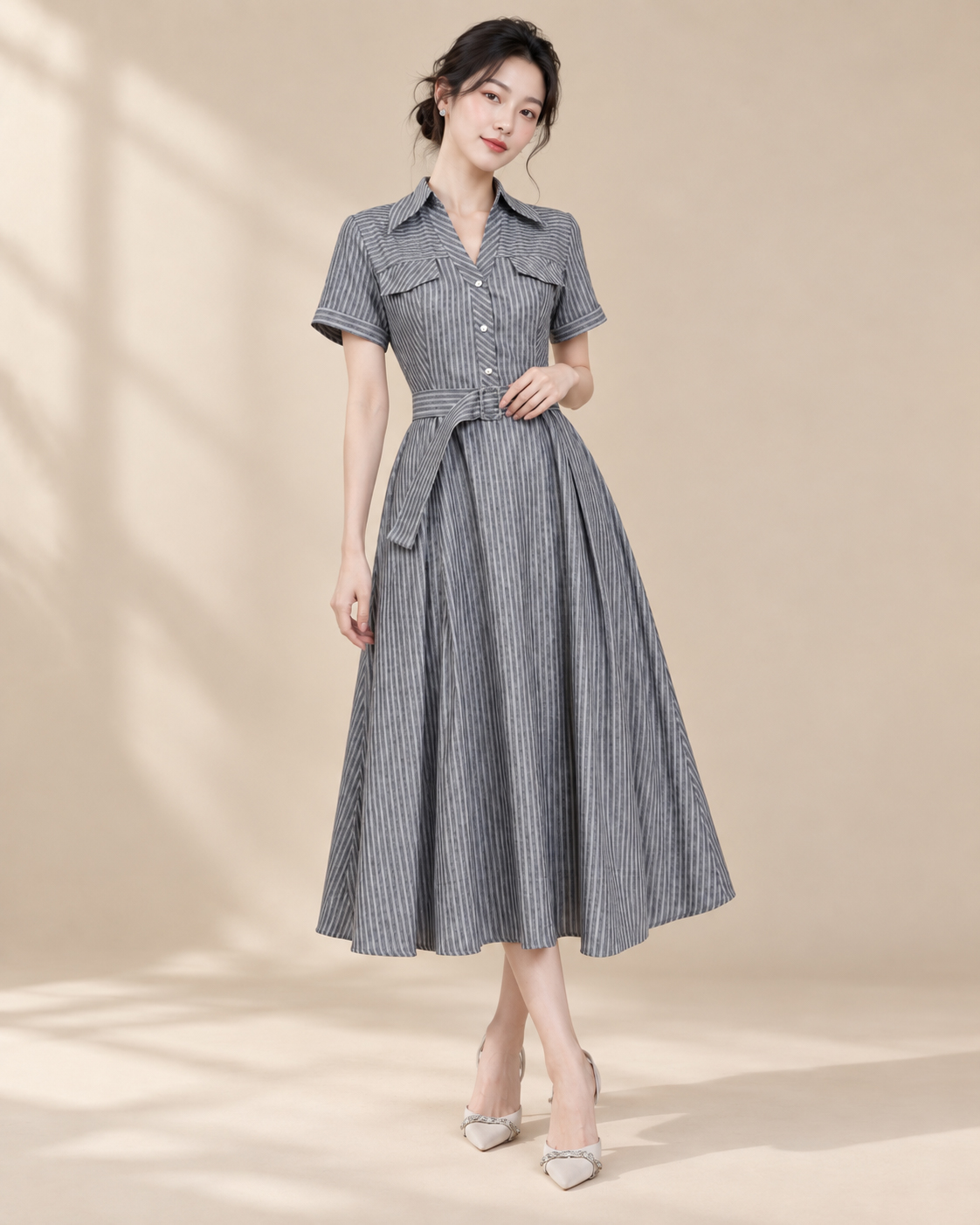 SWANLAKE | Váy Đầm Nữ Dài Dáng Xòe Cổ Sơ Mi Kẻ Sọc Vải Cotton Tay Ngắn Dây Thắt Eo Công Sở D14235MW01