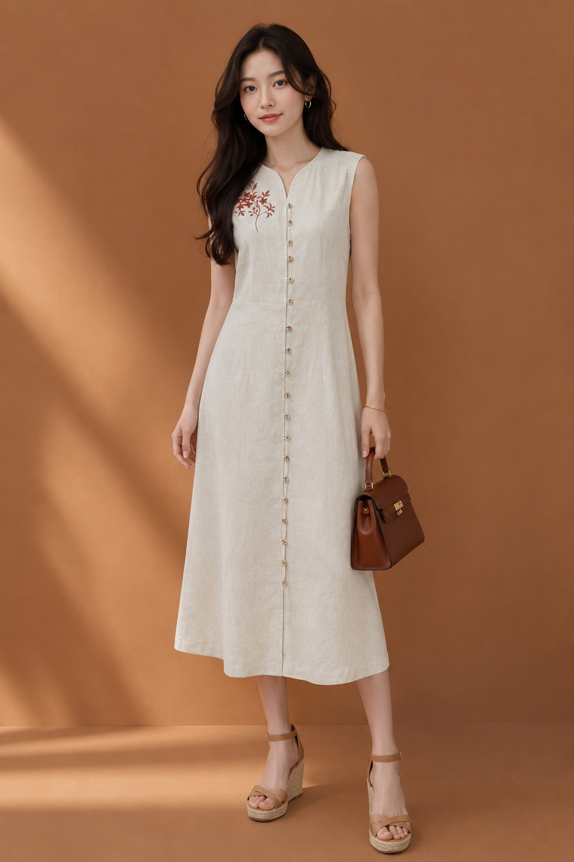 SWANLAKE | Váy Đầm Nữ Suông Dài Sát Nách Cài Nút Cổ Chữ V Vải Linen Thêu Hoa Công Sở Dạo Phố D13735LW01