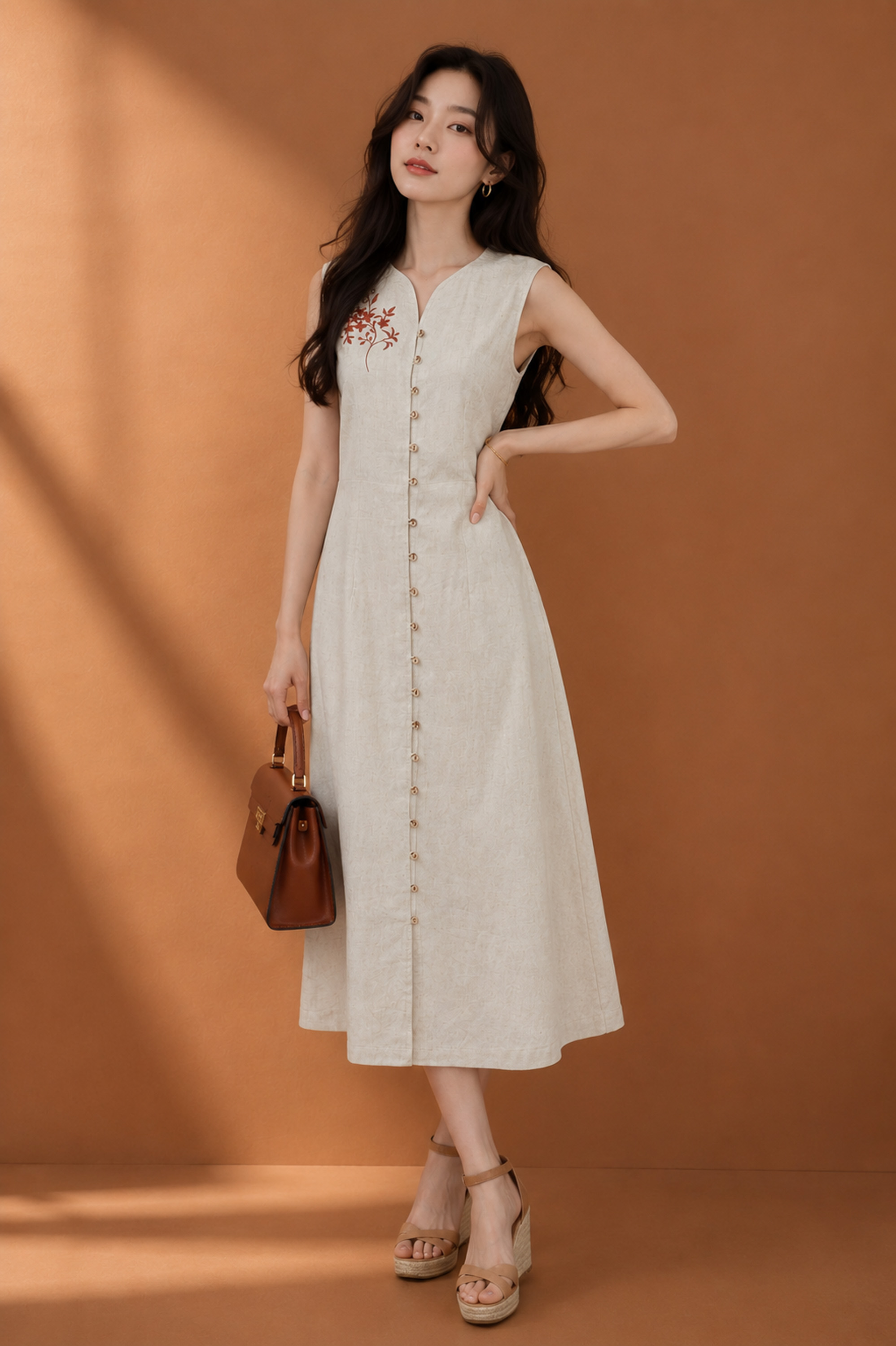 SWANLAKE | Váy Đầm Nữ Suông Dài Sát Nách Cài Nút Cổ Chữ V Vải Linen Thêu Hoa Công Sở Dạo Phố D13735LW01
