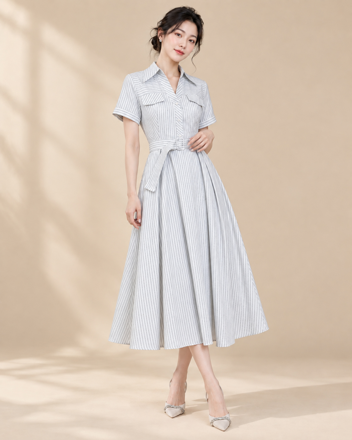 SWANLAKE | Váy Đầm Nữ Dài Dáng Xòe Cổ Sơ Mi Kẻ Sọc Vải Cotton Tay Ngắn Dây Thắt Eo Công Sở D14235MW01