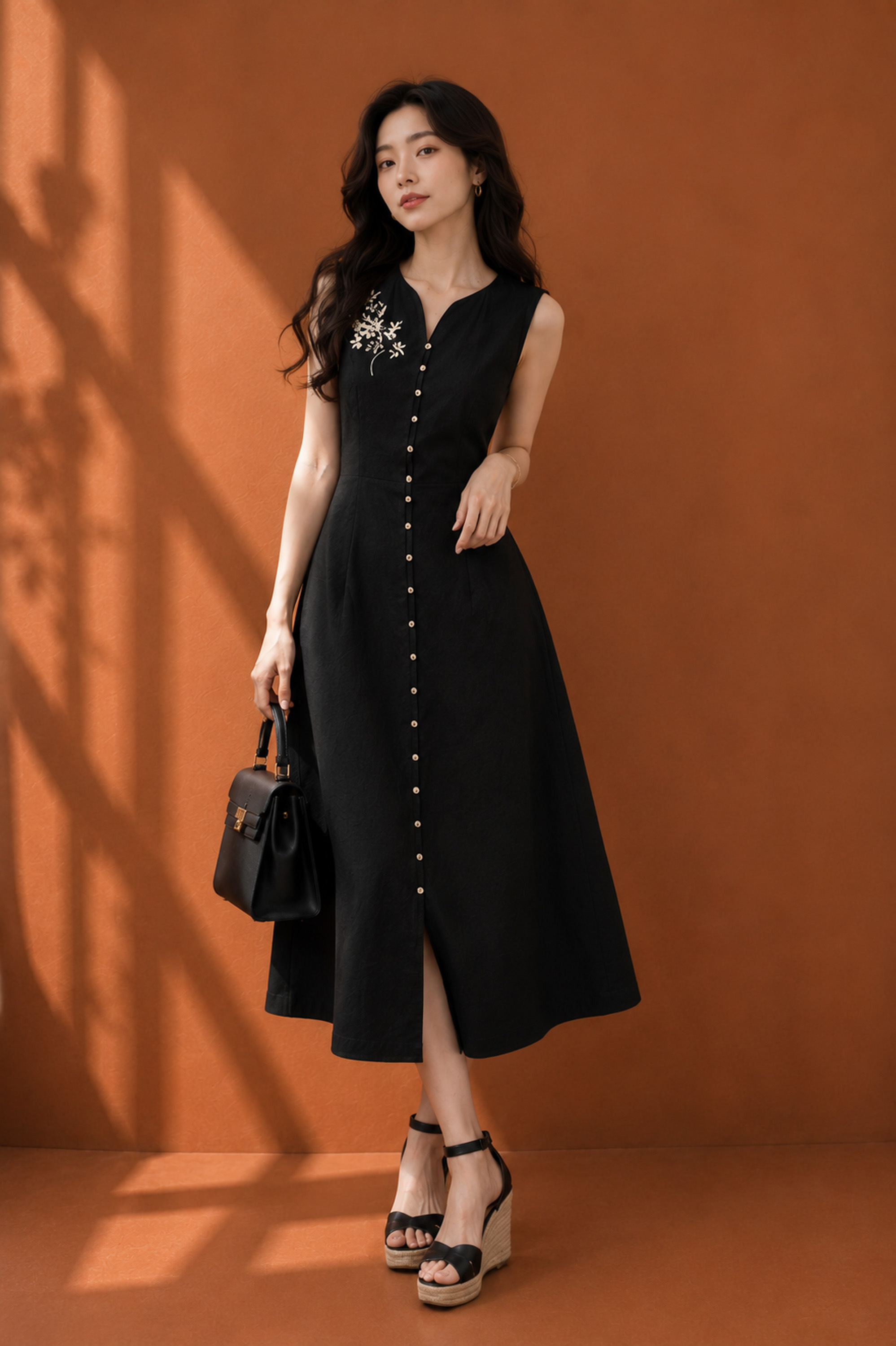 SWANLAKE | Váy Đầm Nữ Suông Dài Sát Nách Cài Nút Cổ Chữ V Vải Linen Thêu Hoa Công Sở Dạo Phố D13735LW01