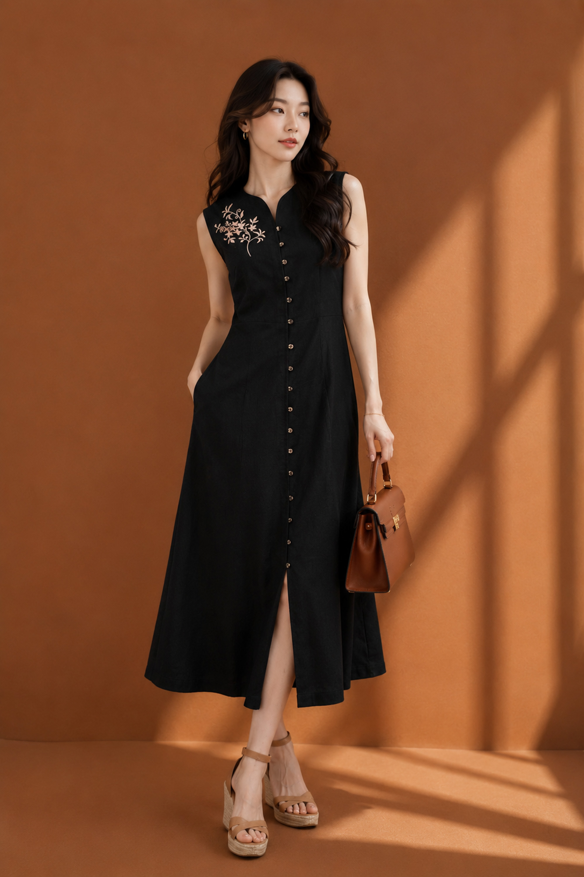 SWANLAKE | Váy Đầm Nữ Suông Dài Sát Nách Cài Nút Cổ Chữ V Vải Linen Thêu Hoa Công Sở Dạo Phố D13735LW01