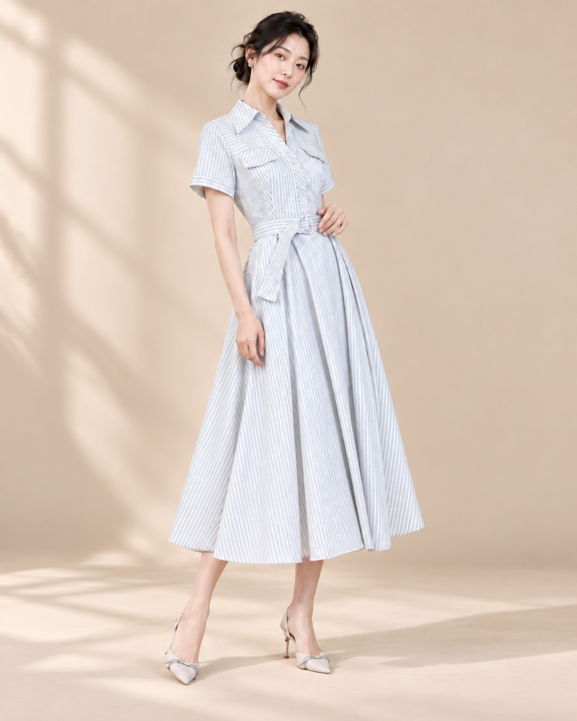SWANLAKE | Váy Đầm Nữ Dài Dáng Xòe Cổ Sơ Mi Kẻ Sọc Vải Cotton Tay Ngắn Dây Thắt Eo Công Sở D14235MW01
