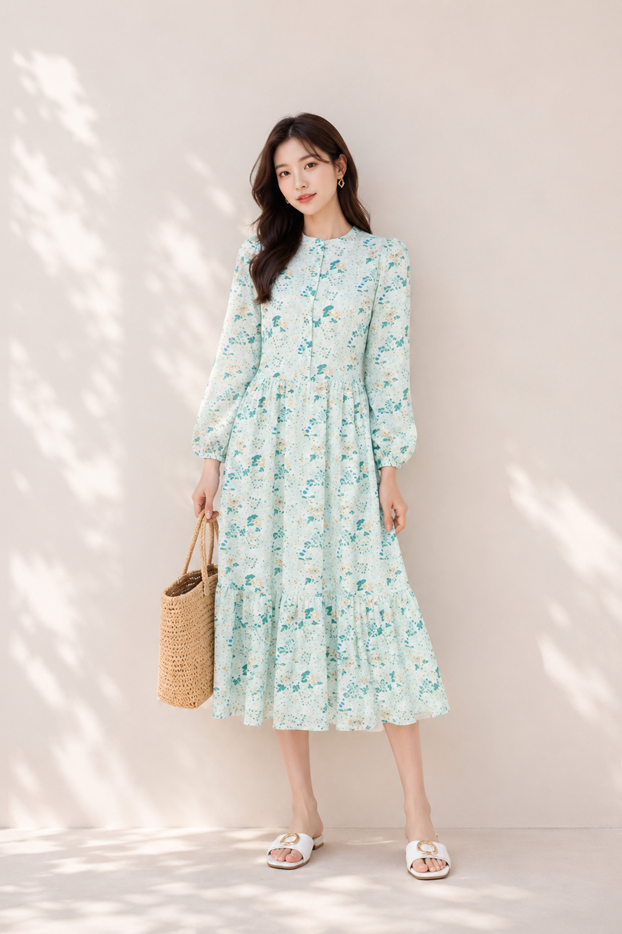 SWANLAKE | Váy Đầm Nữ Maxi Đuôi Cá Babydoll Cotton Thêu Đục Lỗ Trơn Cổ Trụ Cài Nút Tay Dài Hè D12394LW12