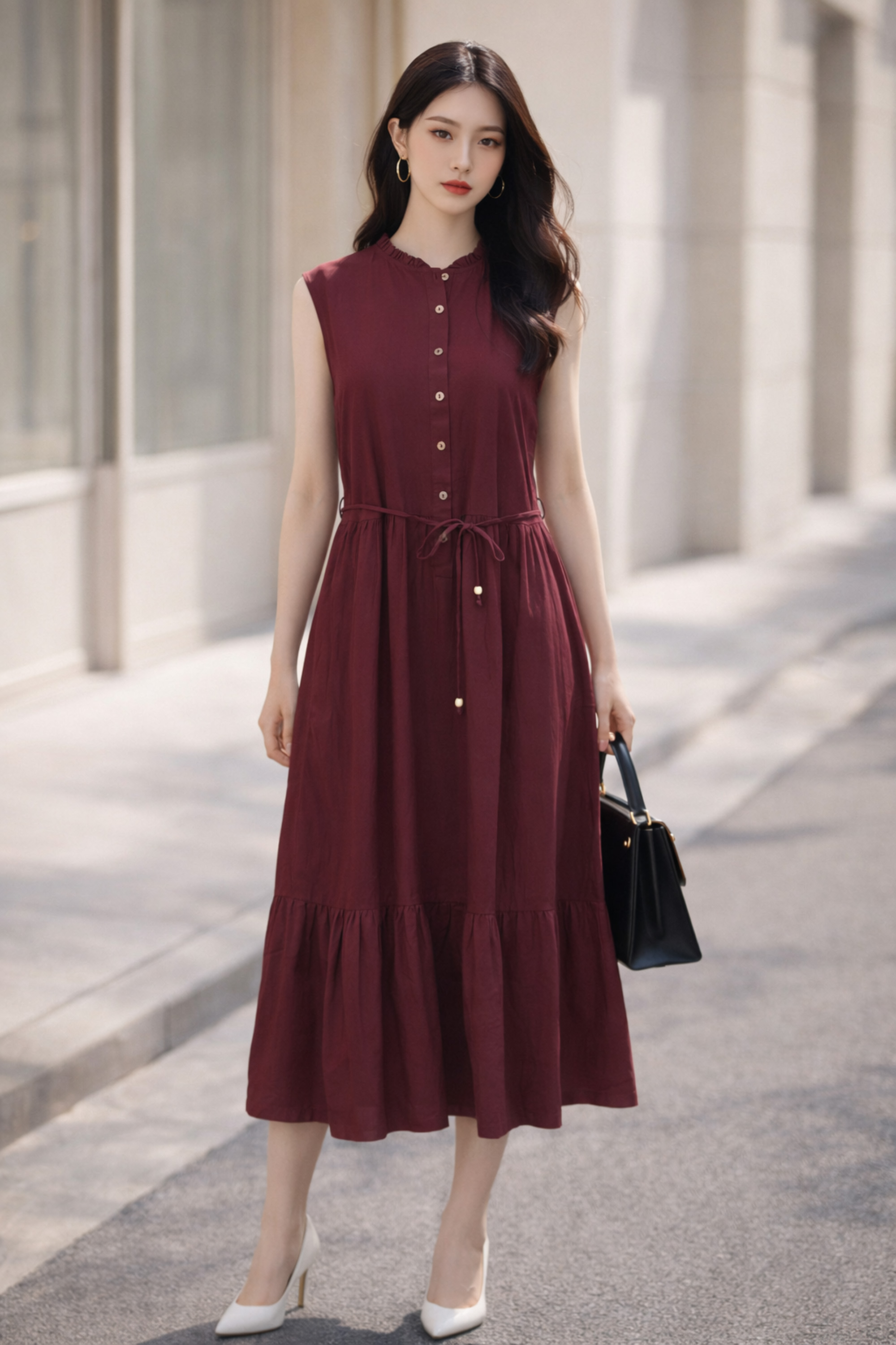 SWANLAKE | Váy Đầm Nữ Dài Đuôi Cá Xòe Sát Nách Vải Linen Hàn Cổ Trụ Cài Nút Công Sở Dạo Phố D13839LW01