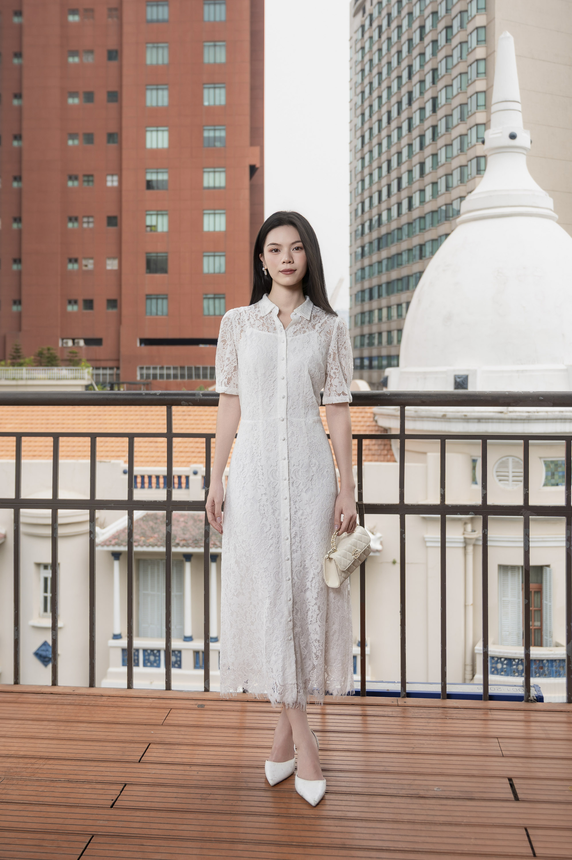 SWANLAKE | Váy Đầm Sơ Mi Nữ Vải Phối Ren Hoa 2 Lớp Chiết Eo Tay Ngắn Sang Trọng Đi Tiệc D13326LW01