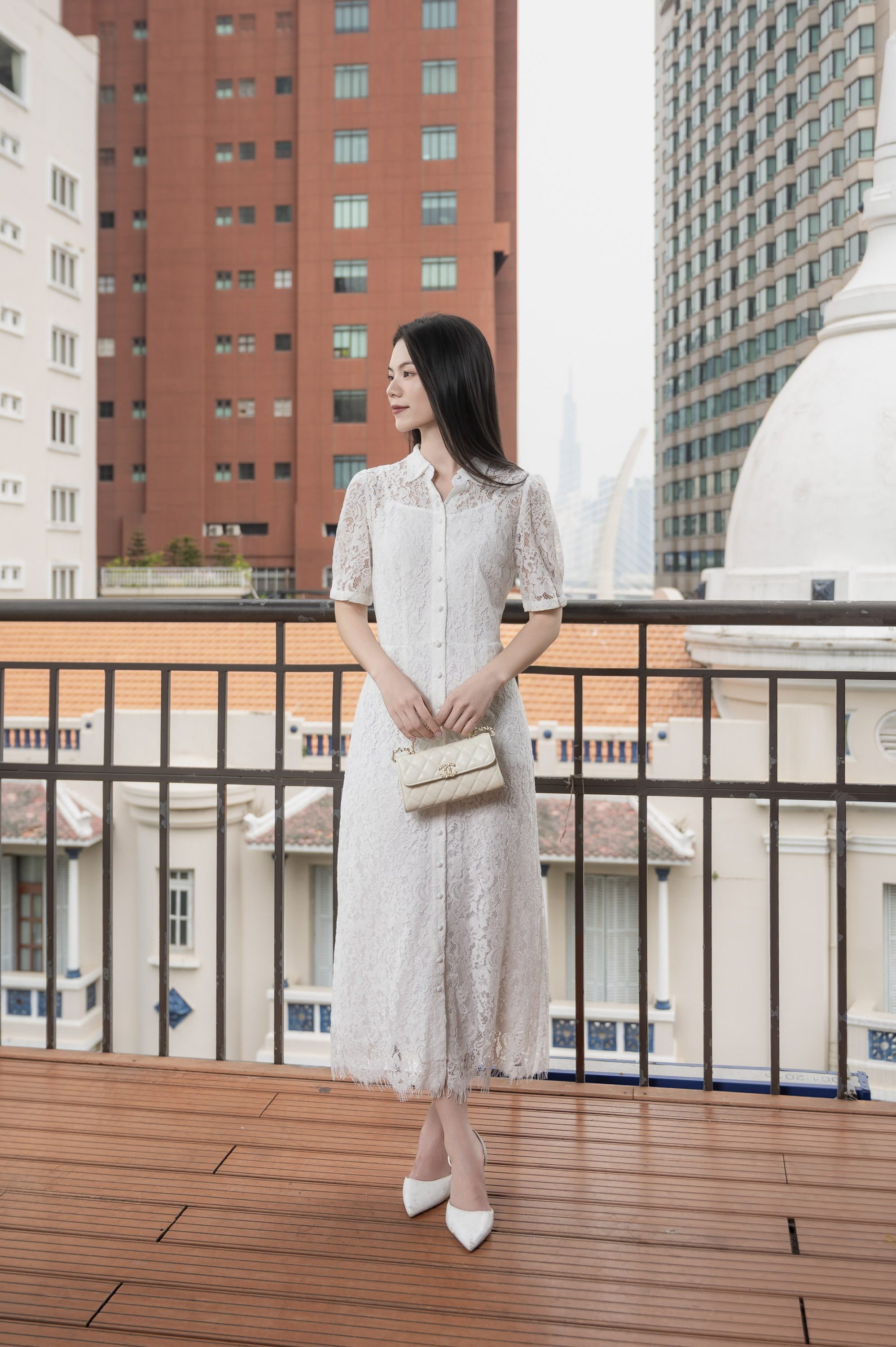 SWANLAKE | Váy Đầm Sơ Mi Nữ Vải Phối Ren Hoa 2 Lớp Chiết Eo Tay Ngắn Sang Trọng Đi Tiệc D13326LW01