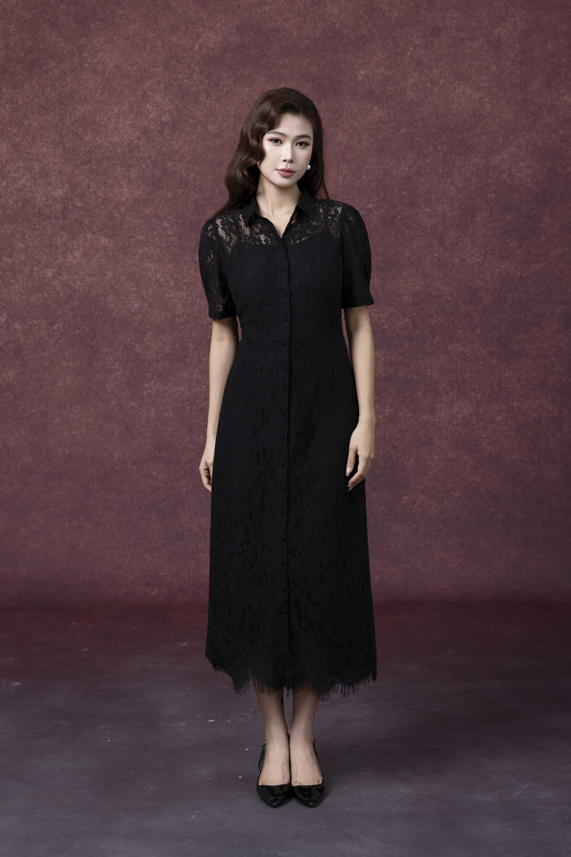 SWANLAKE | Váy Đầm Sơ Mi Nữ Vải Phối Ren Hoa 2 Lớp Chiết Eo Tay Ngắn Sang Trọng Đi Tiệc D13326LW01