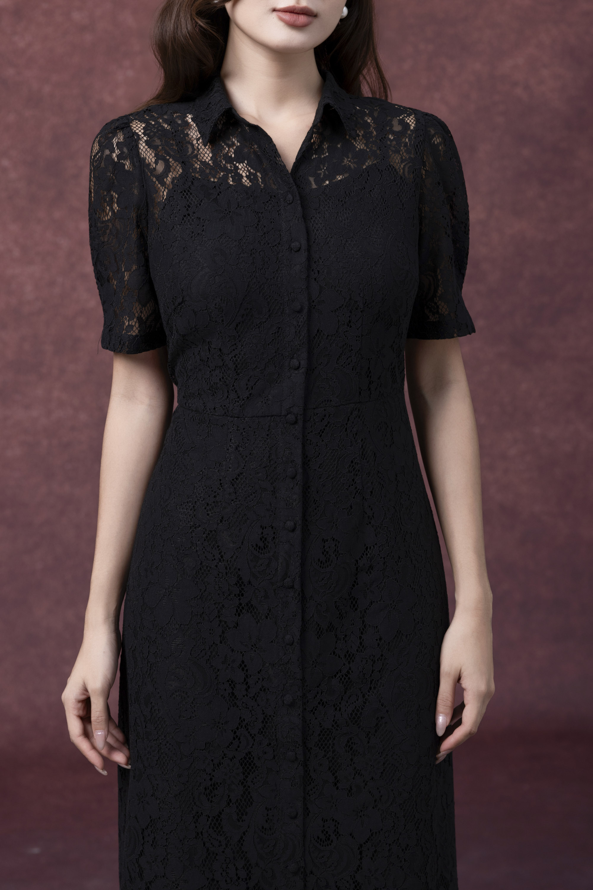 SWANLAKE | Váy Đầm Sơ Mi Nữ Vải Phối Ren Hoa 2 Lớp Chiết Eo Tay Ngắn Sang Trọng Đi Tiệc D13326LW01