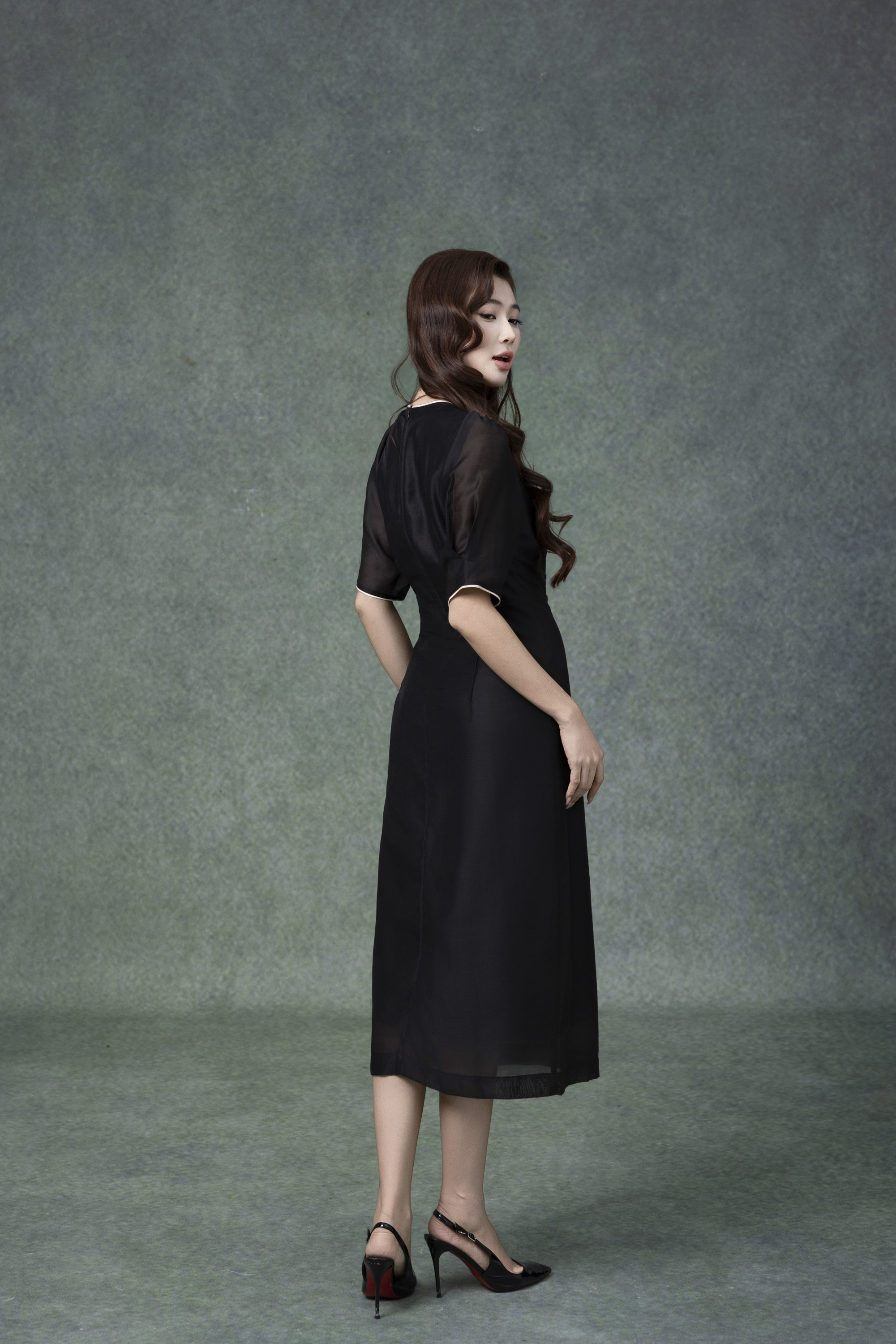 SWANLAKE | Váy Đầm Nữ Chất Tơ Cotton Thêu Hoa Cổ Chữ V Tay Ngắn Chiết Eo Đi Tiệc Công Sở D13286LW01