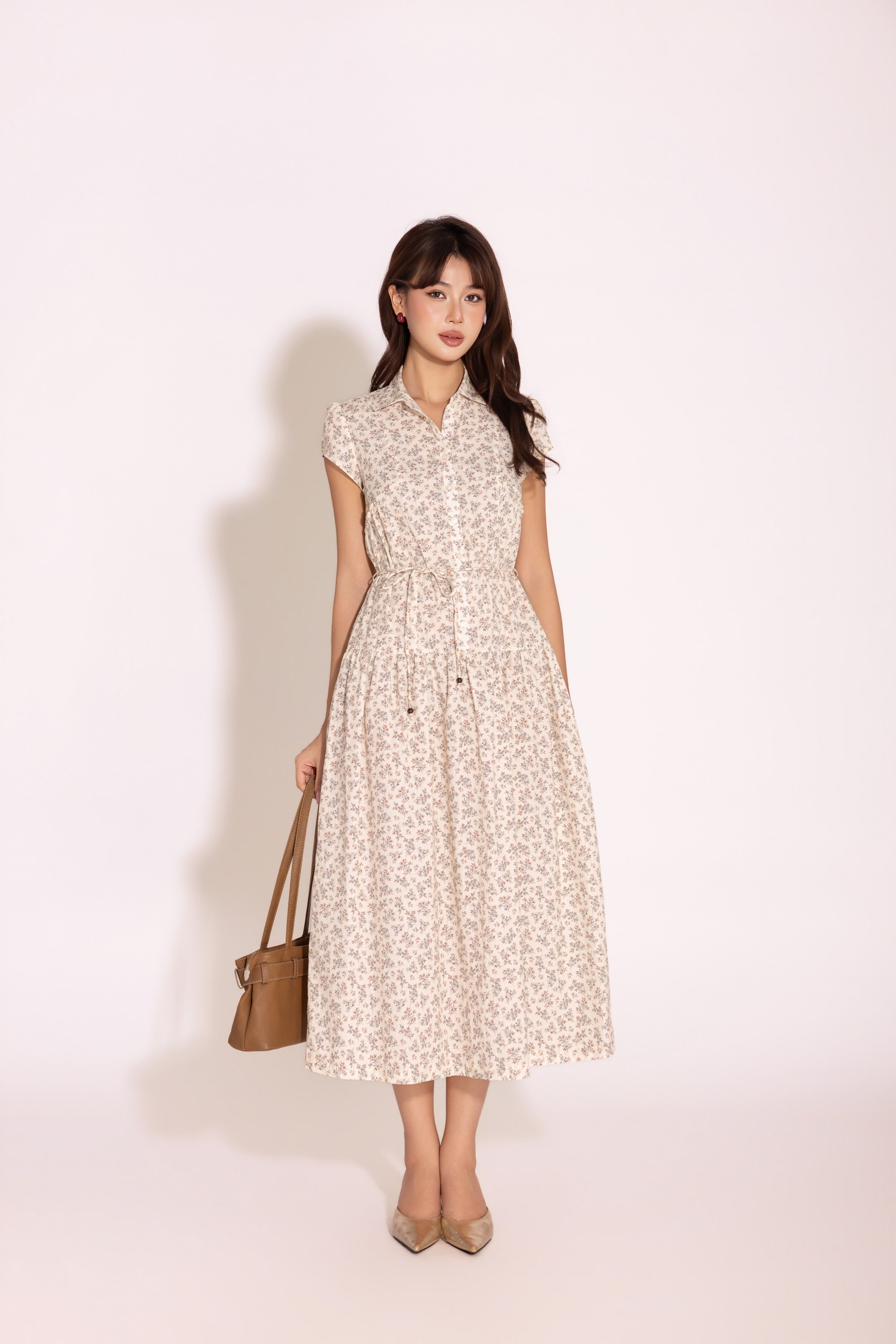 SWANLAKE | Váy Đầm Sơ Mi Nữ Tay Ngắn Dây Thắt Eo Vải Cotton Bông Nhí Công Sở Thanh Lịch D13487LW06