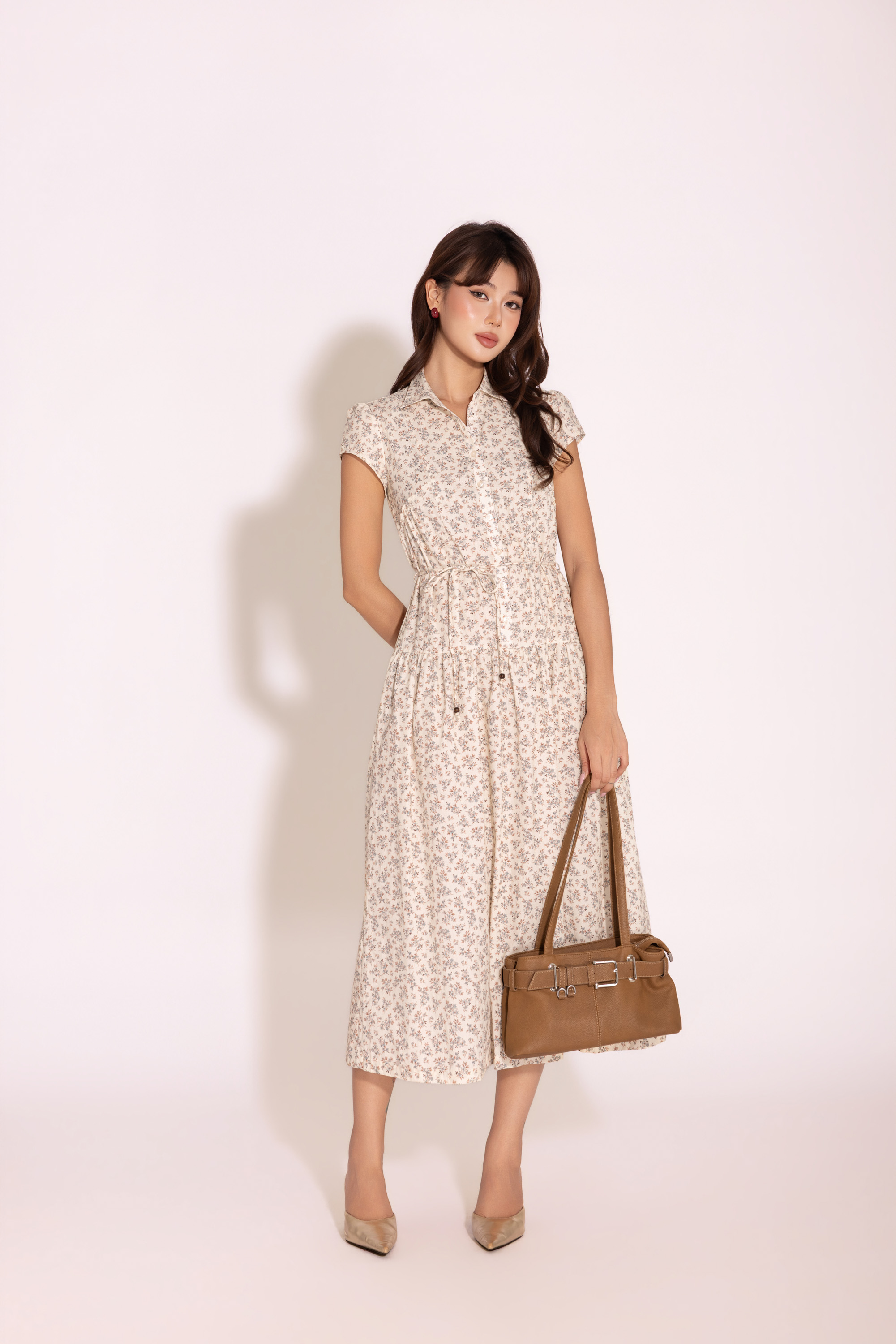 SWANLAKE | Váy Đầm Sơ Mi Nữ Tay Ngắn Dây Thắt Eo Vải Cotton Bông Nhí Công Sở Thanh Lịch D13487LW06
