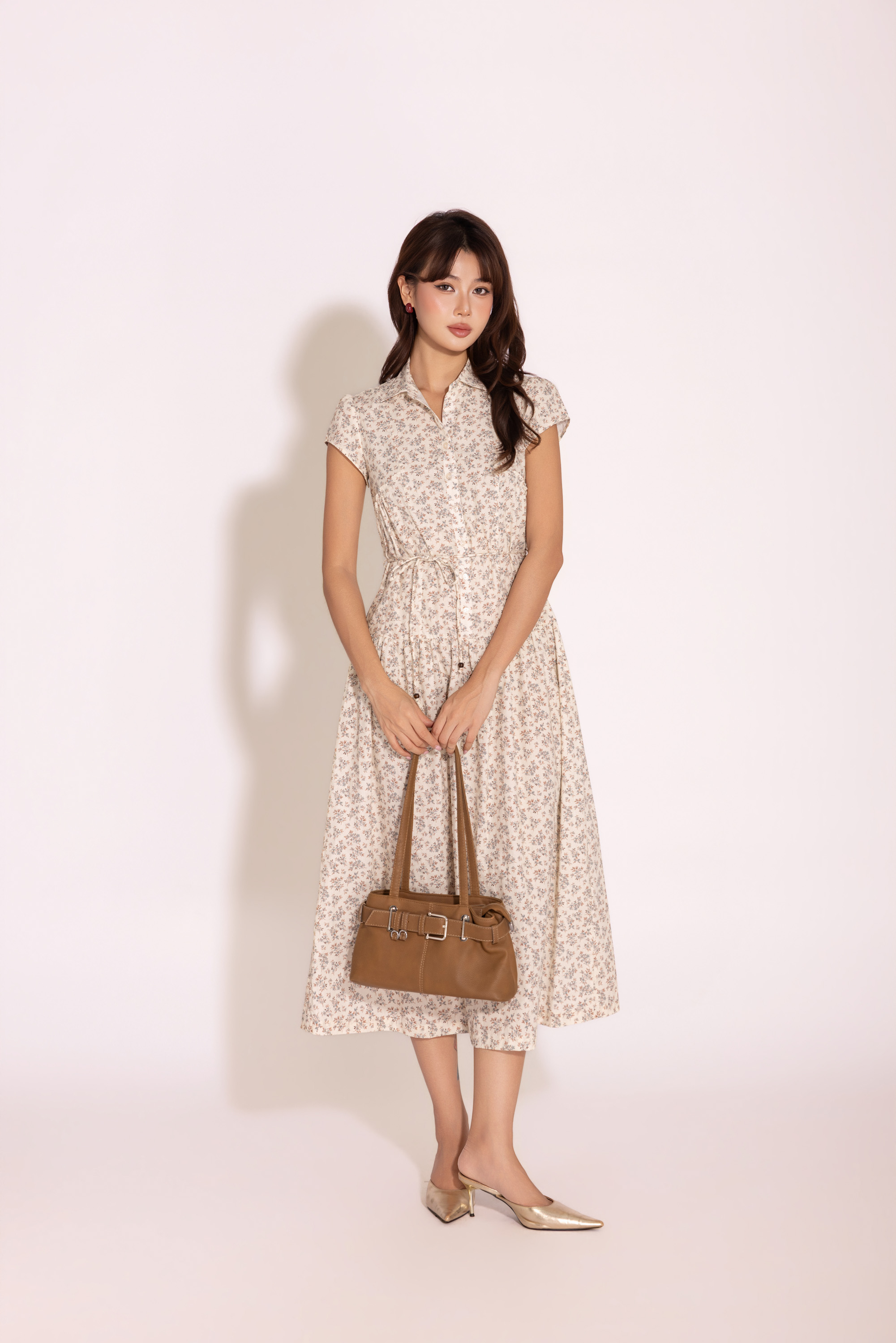 SWANLAKE | Váy Đầm Sơ Mi Nữ Tay Ngắn Dây Thắt Eo Vải Cotton Bông Nhí Công Sở Thanh Lịch D13487LW06