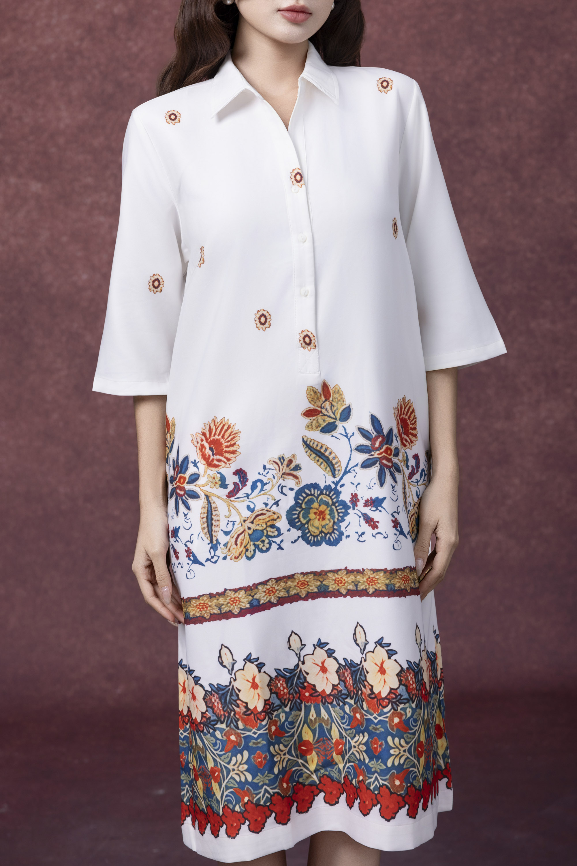 SWANLAKE | Váy Đầm Nữ Midi Tay Lỡ Cổ Sơ Mi Vải Lụa Dày In Hoa Có Túi Công Sở Dạo Phố D13263LW01