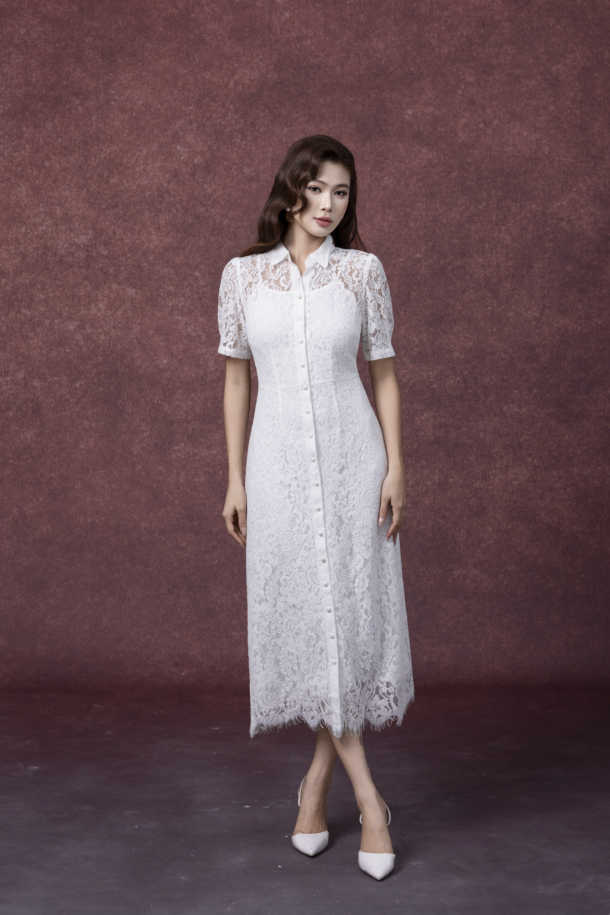 SWANLAKE | Váy Đầm Sơ Mi Nữ Vải Phối Ren Hoa 2 Lớp Chiết Eo Tay Ngắn Sang Trọng Đi Tiệc D13326LW01