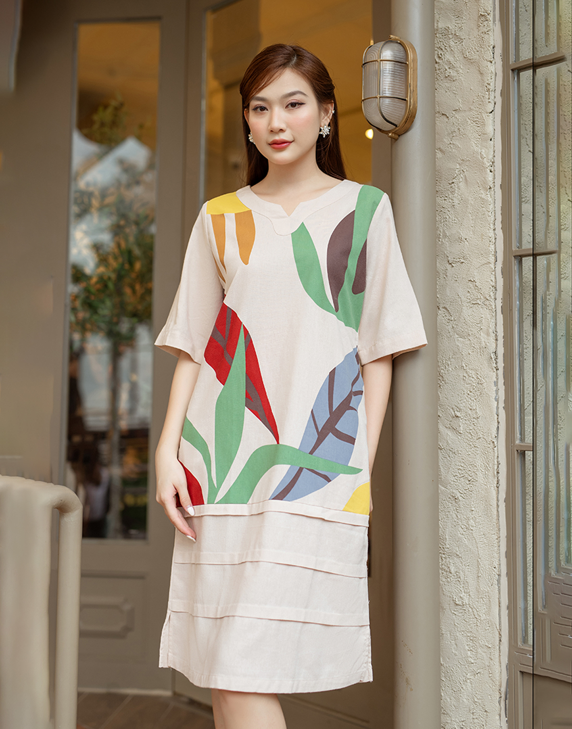 Đầm suông linen tay ngắn cổ tròn 2 nút ngực kèm đài rời, chất linen mềm  mát, thời trang phong cách Hàn Quốc - MixASale